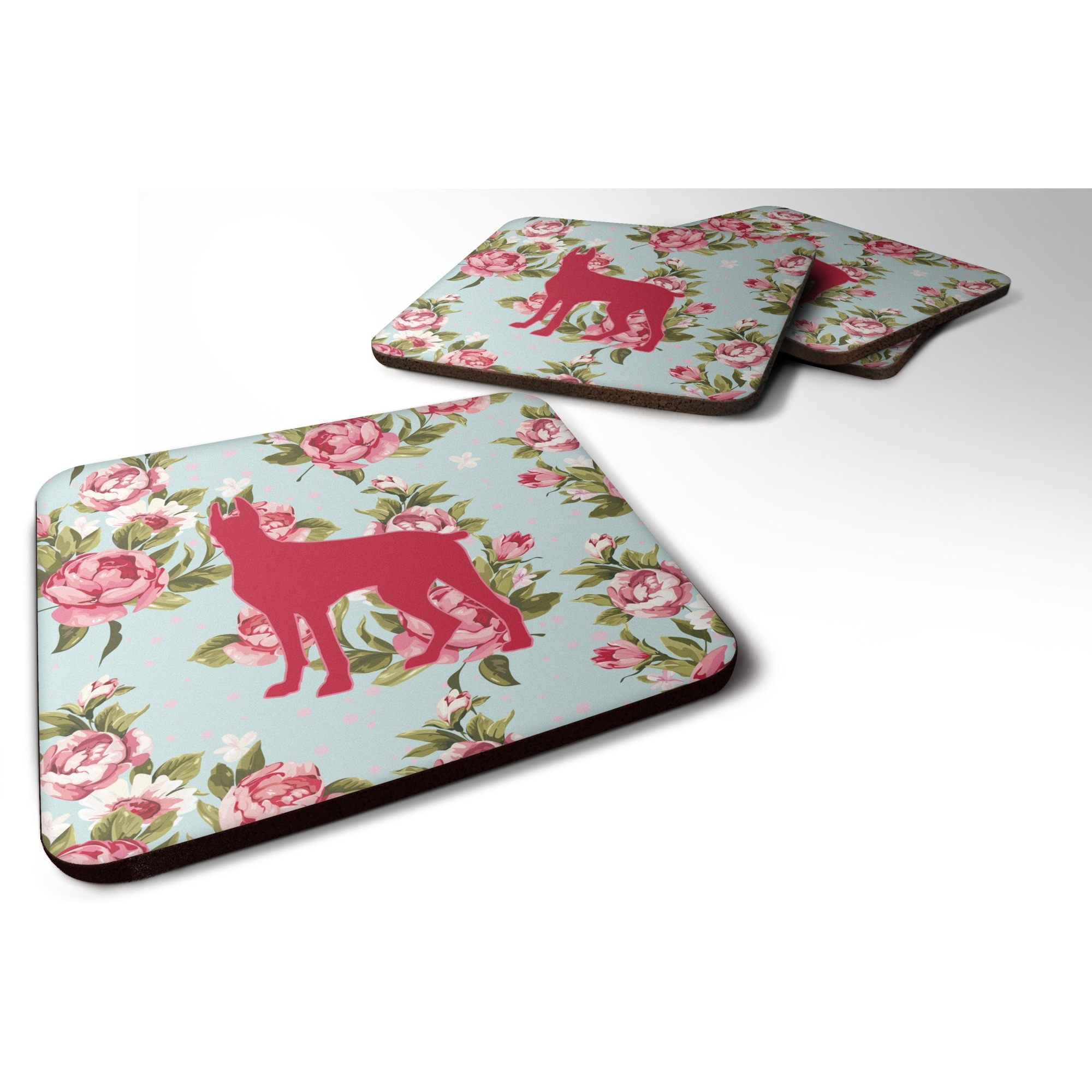 &quotCaroline's Treasures BB1081-RS-BU-FC Great Dane Shabby Chic Blue Roses Foam Coasters (Set of 4), 3.5"" H x 3.5"" W, Multicolor"
