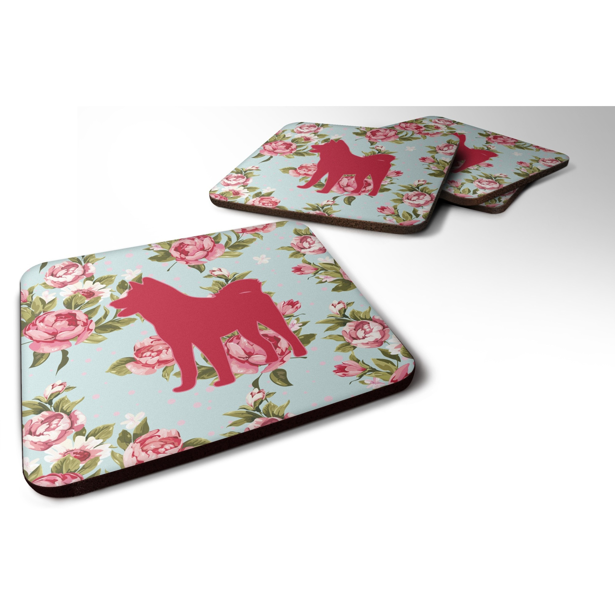 &quotCaroline's Treasures BB1082-RS-BU-FC Akita Shabby Chic Blue Roses Foam Coasters (Set of 4), 3.5"" H x 3.5"" W, Multicolor"