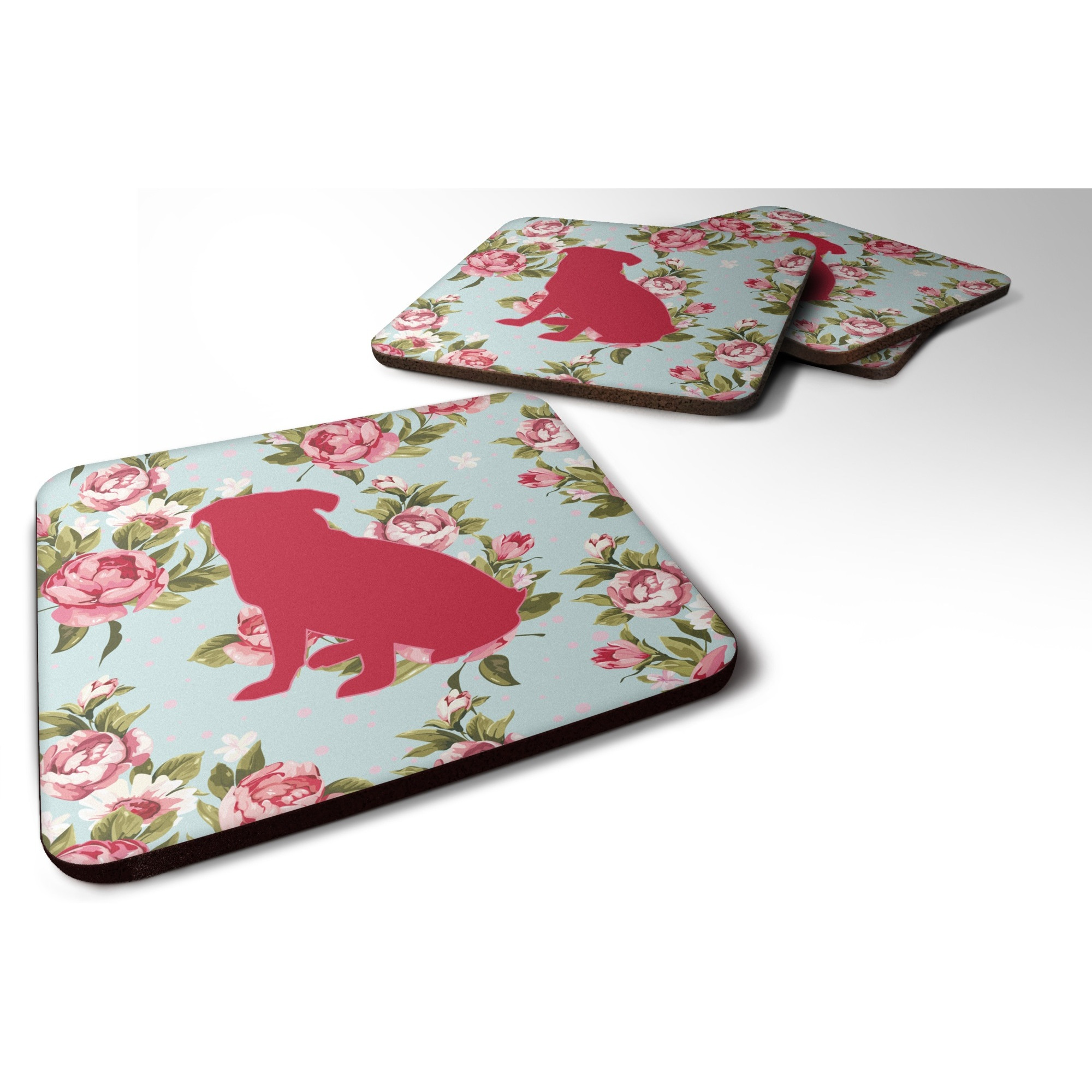 &quotCaroline's Treasures BB1084-RS-BU-FC Pug Shabby Chic Blue Roses Foam Coasters (Set of 4), 3.5"" H x 3.5"" W, Multicolor"