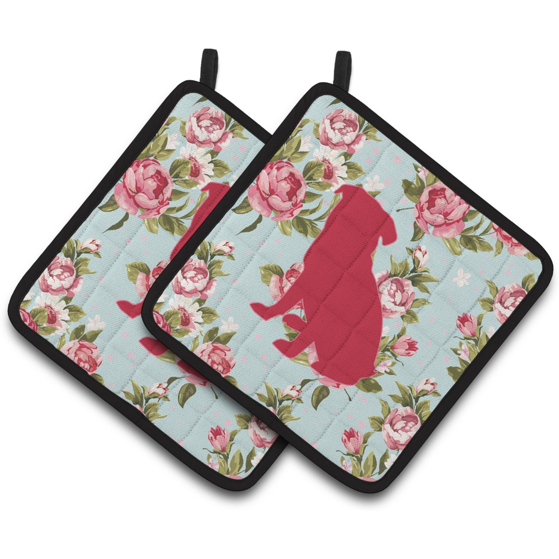 &quotCaroline's Treasures BB1084-RS-BU-PTHD Pug Shabby Chic Blue Roses Pot Holders (1 Pair), 7.5"" x 7.5"", Multicolor"