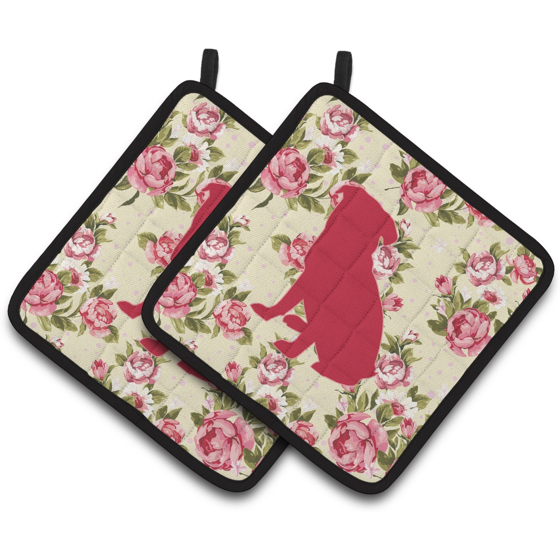 &quotCaroline's Treasures Pug Shabby Chic Yellow Roses Pair of Pot Holders BB1084-RS-YW-PTHD, 7.5HX7.5W, Multicolor"