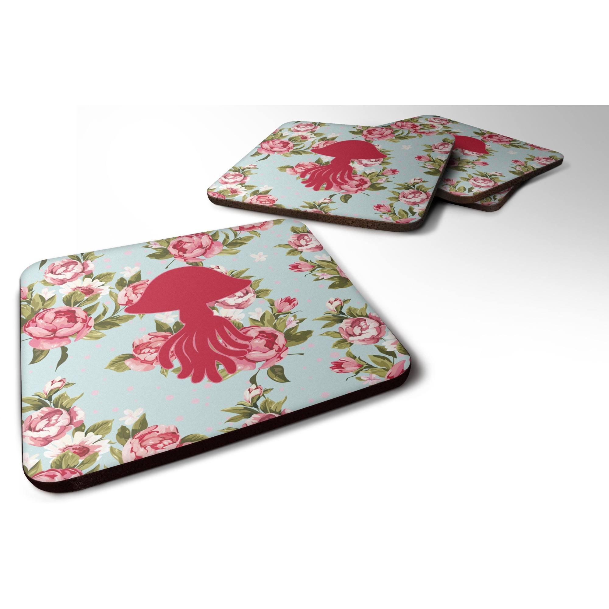 &quotCaroline's Treasures BB1089-RS-BU-FC Jellyfish Shabby Chic Blue Roses Foam Coasters (Set of 4), 3.5"" H x 3.5"" W, Multicolor"