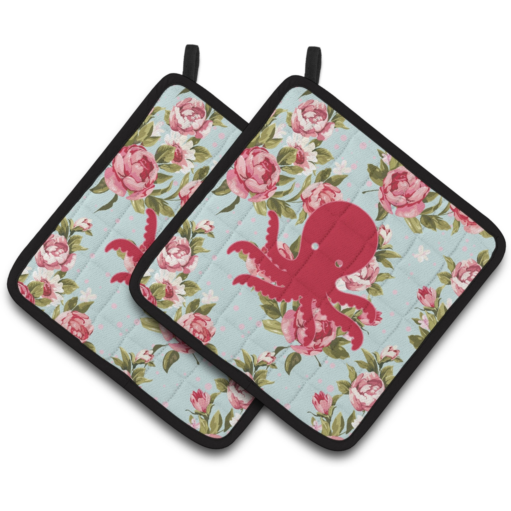 &quotCaroline's Treasures Octopus Shabby Chic Blue Roses Pair of Pot Holders BB1090-RS-BU-PTHD, 7.5HX7.5W, Multicolor"