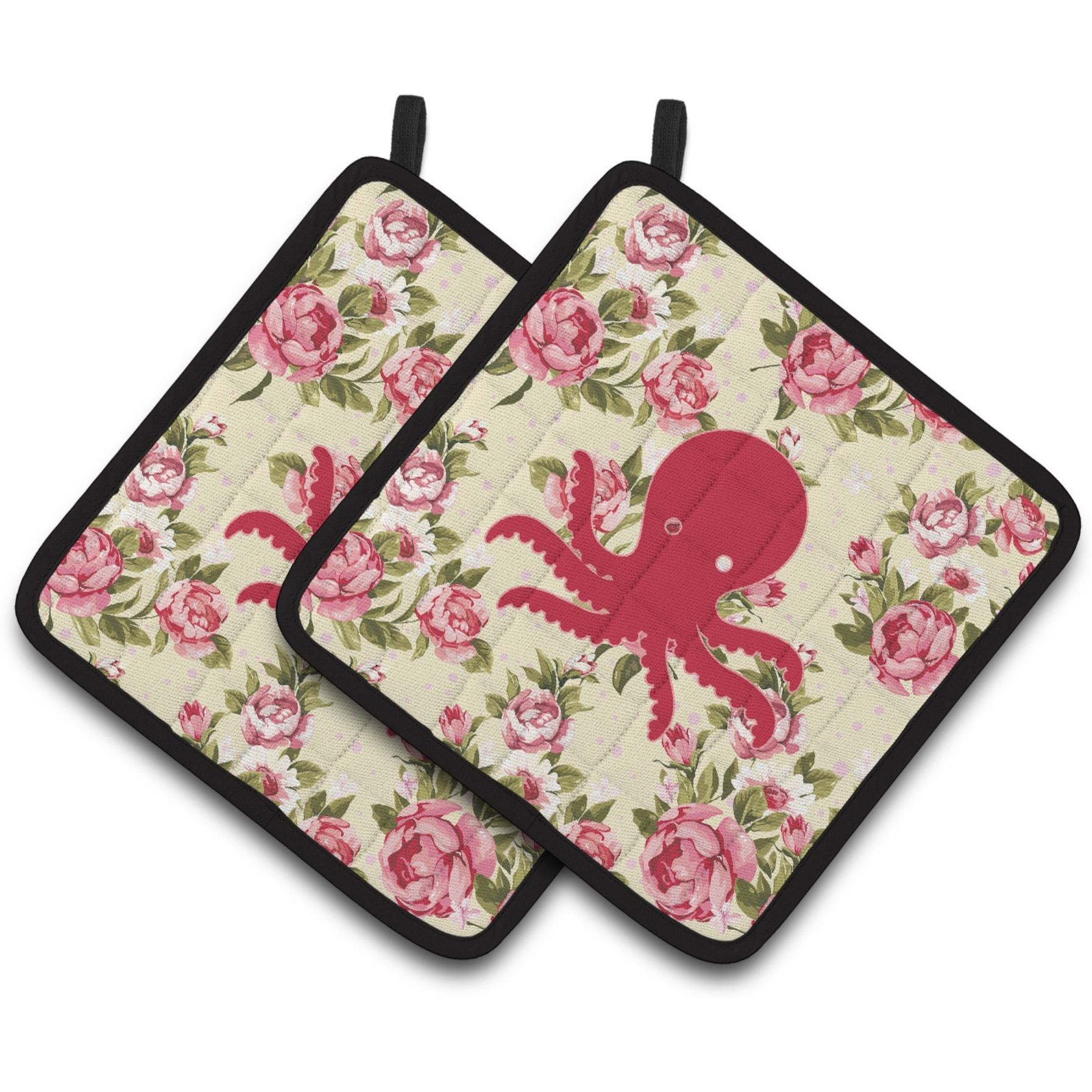 &quotCaroline's Treasures Octopus Shabby Chic Yellow Roses Pair of Pot Holders BB1090-RS-YW-PTHD, 7.5HX7.5W, Multicolor"