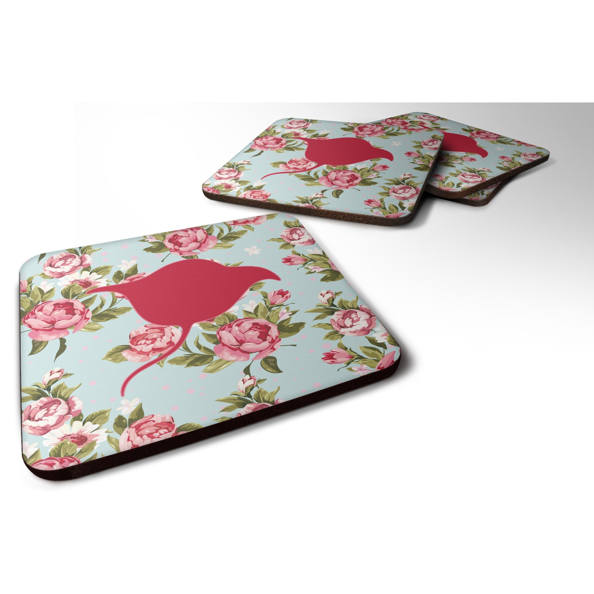 &quotCaroline's Treasures BB1094-RS-BU-FC Stingray Shabby Chic Blue Roses Foam Coasters (Set of 4), 3.5"" H x 3.5"" W, Multicolor"