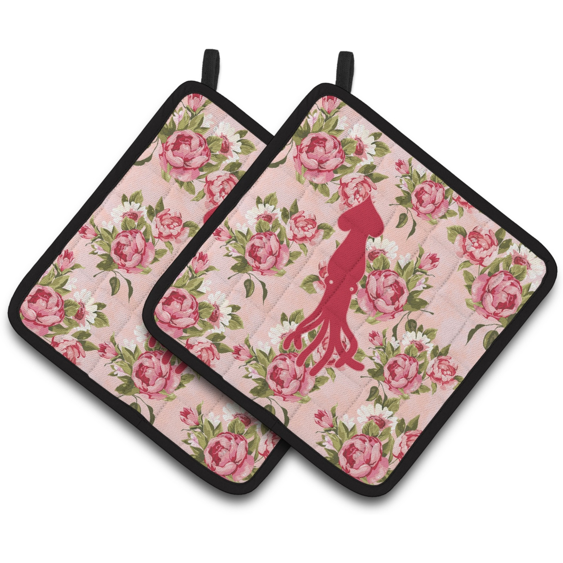 &quotCaroline's Treasures BB1096-RS-PK-PTHD Squid Shabby Chic Pink Roses Pot Holders (1 Pair), 7.5"" x 7.5"", Multicolor"