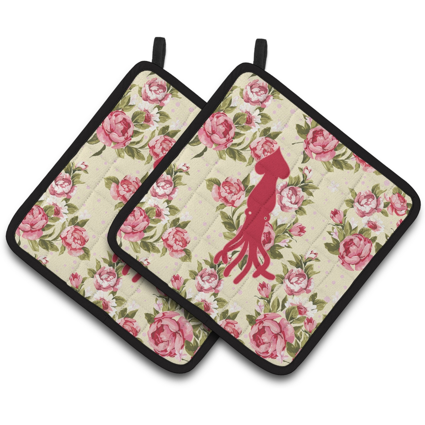 &quotCaroline's Treasures Squid Shabby Chic Yellow Roses Pair of Pot Holders BB1096-RS-YW-PTHD, 7.5HX7.5W, Multicolor"