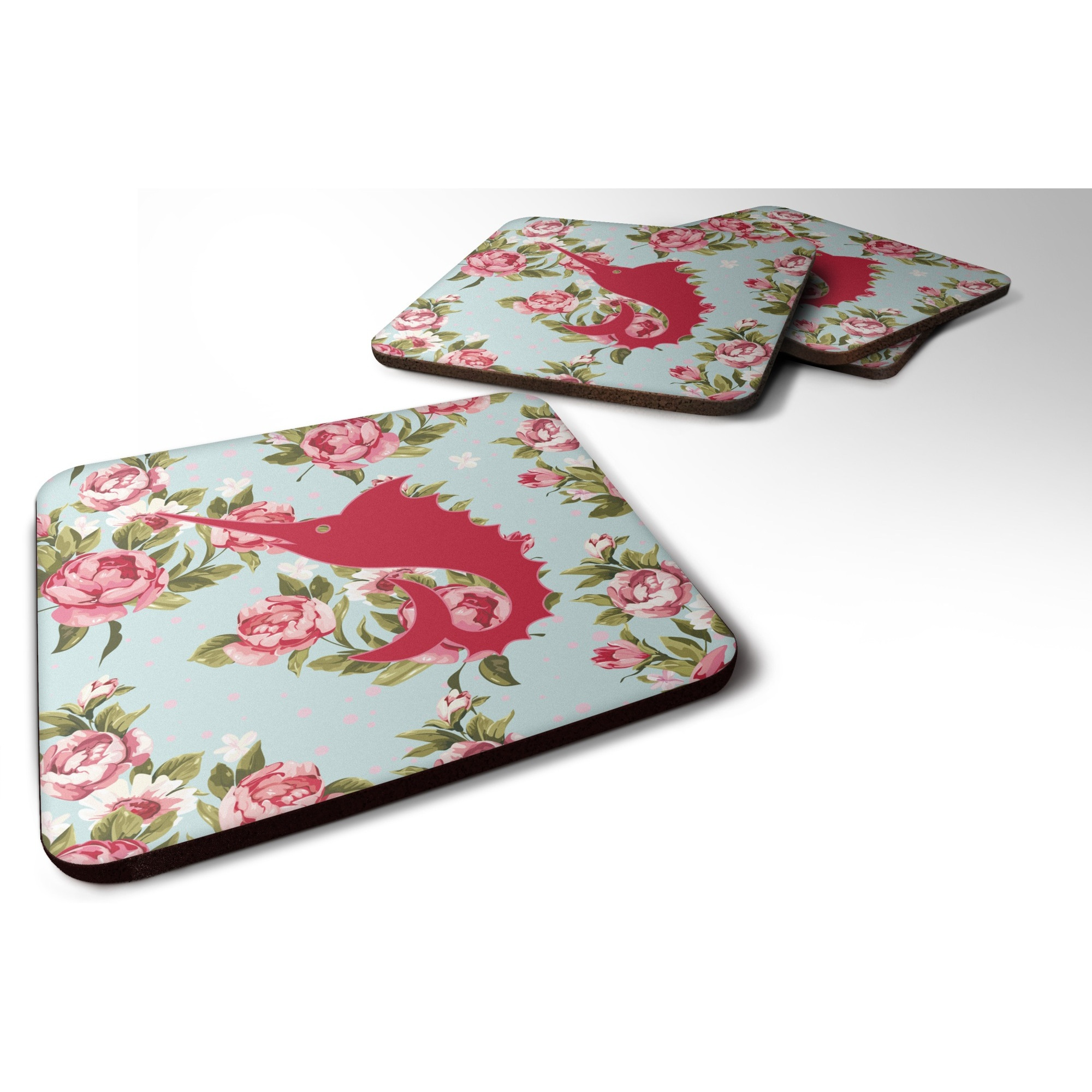 &quotCaroline's Treasures BB1097-RS-BU-FC Fish-Sword Fish Shabby Chic Blue Roses Foam Coasters (Set of 4), 3.5"" H x 3.5"" W, Multicolor"