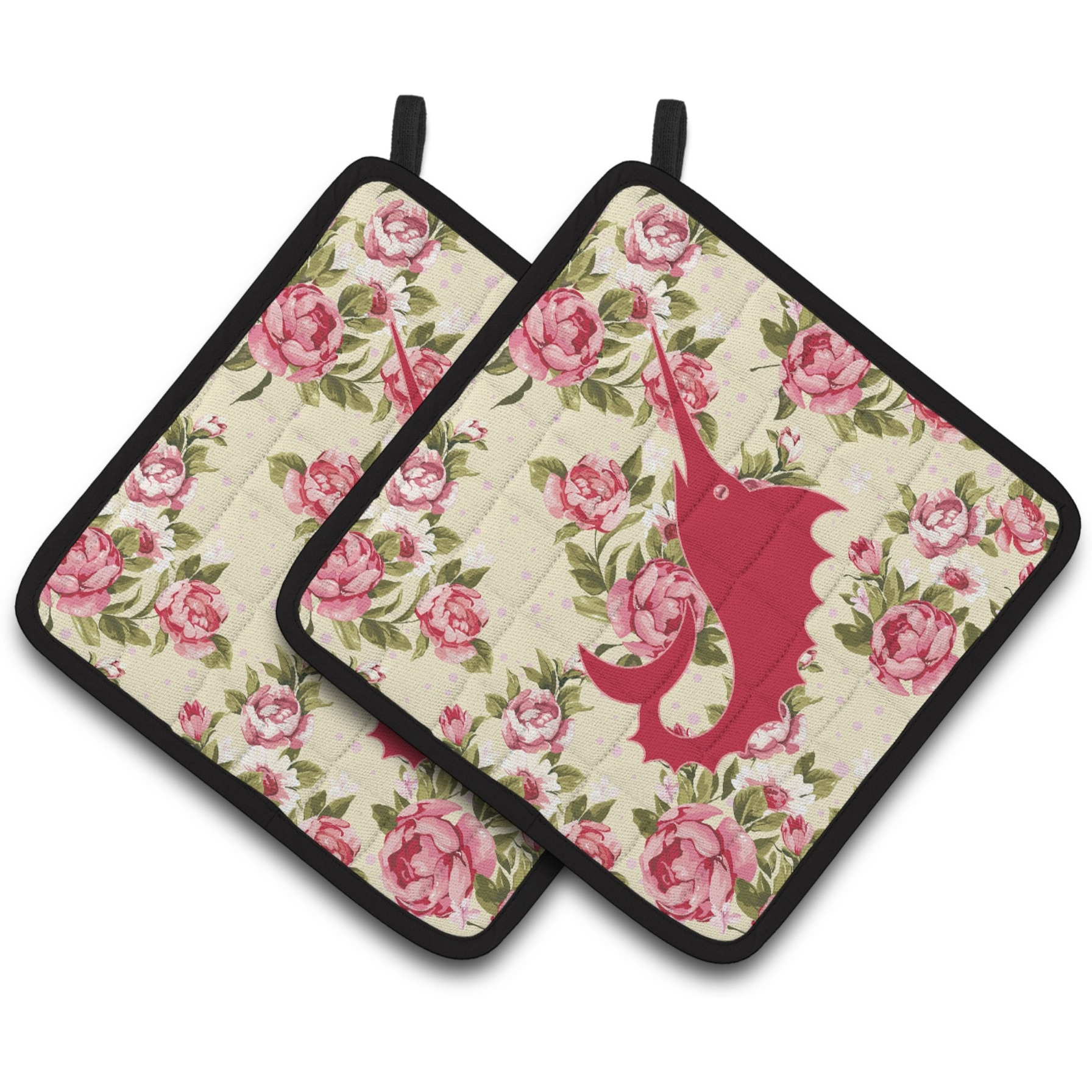 &quotCaroline's Treasures Fish - Sword Fish Shabby Chic Yellow Roses Pair of Pot Holders BB1097-RS-YW-PTHD, 7.5HX7.5W, Multicolor"