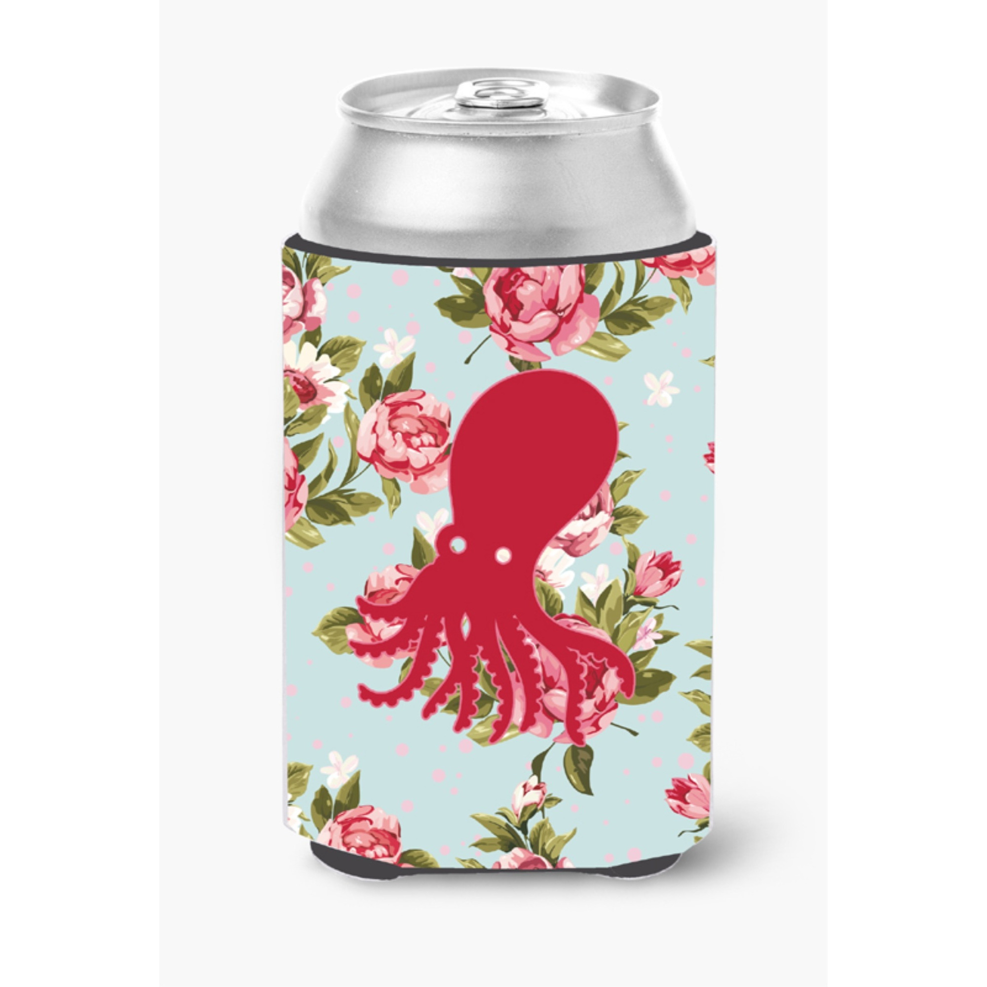 Octopus Shabby Chic Blue Roses Can or Bottle Beverage Insulator Hugger BB1098