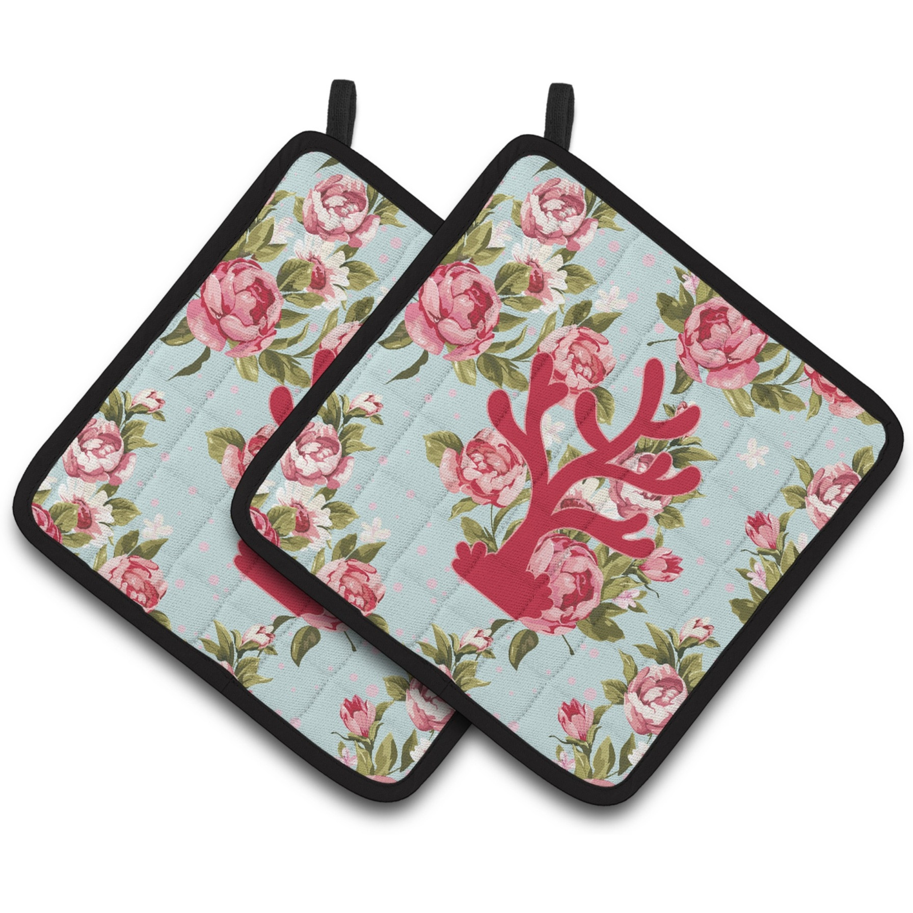 &quotCaroline's Treasures Coral Shabby Chic Blue Roses Pair of Pot Holders BB1101-RS-BU-PTHD, 7.5HX7.5W, Multicolor"
