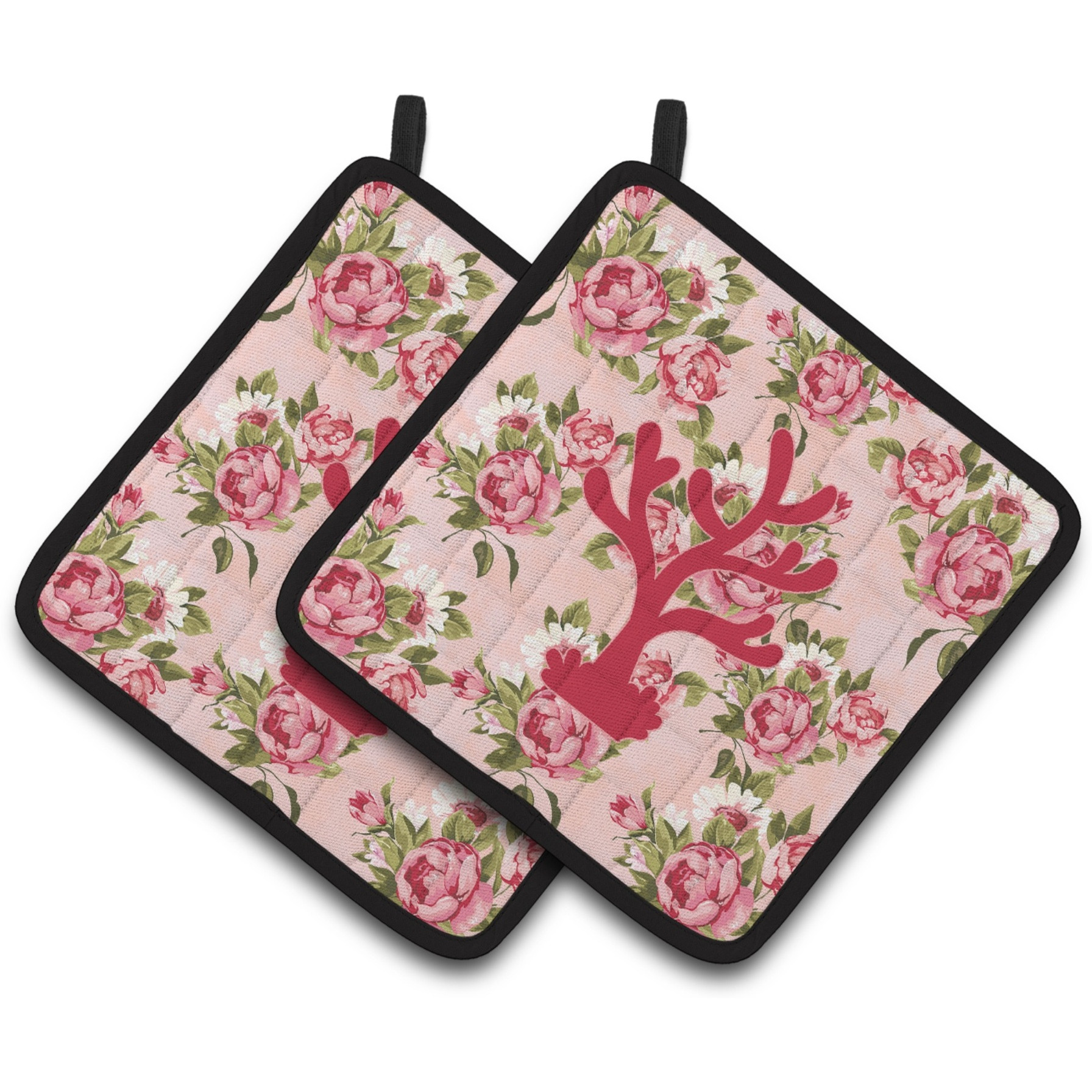 &quotCaroline's Treasures BB1101-RS-PK-PTHD Coral Shabby Chic Pink Roses Pot Holders (1 Pair), 7.5"" x 7.5"", Multicolor"