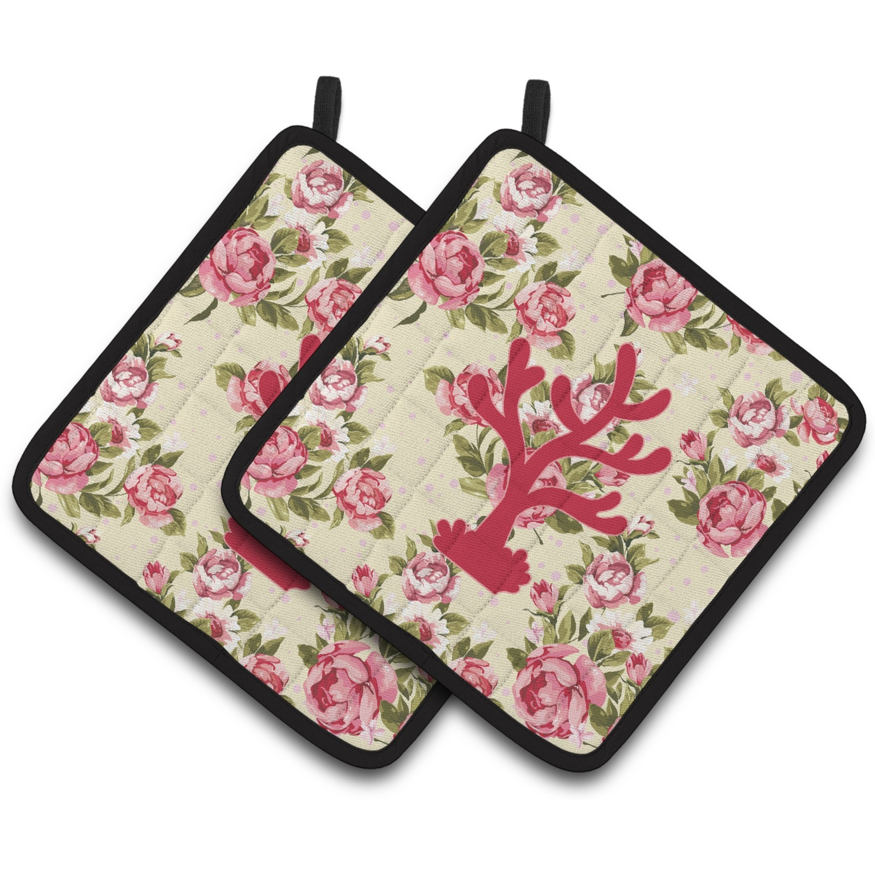 &quotCaroline's Treasures Coral Shabby Chic Yellow Roses Pair of Pot Holders BB1101-RS-YW-PTHD, 7.5HX7.5W, Multicolor"