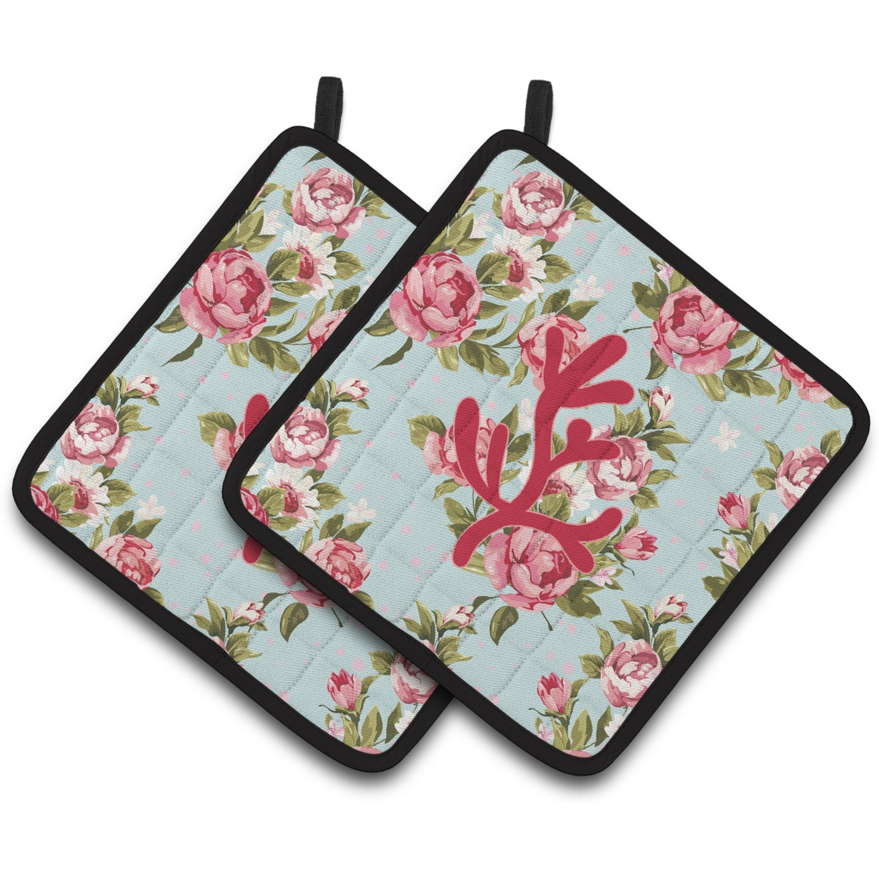 &quotCaroline's Treasures Coral Shabby Chic Blue Roses Pair of Pot Holders BB1103-RS-BU-PTHD, 7.5HX7.5W, Multicolor"