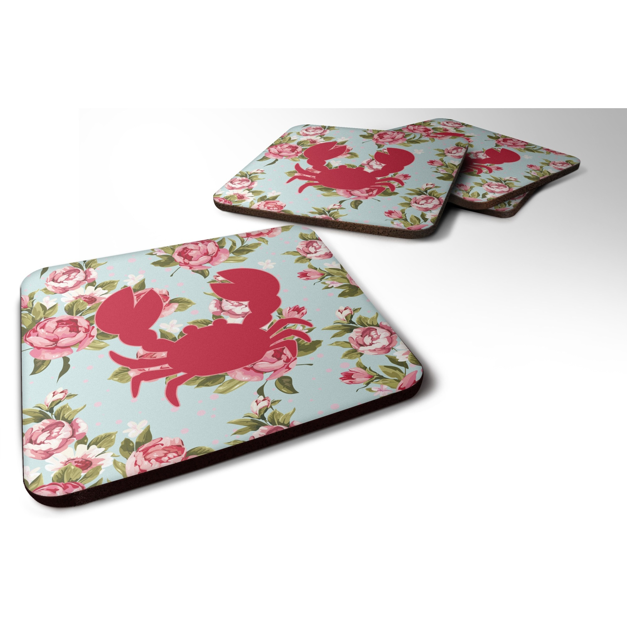 &quotCaroline's Treasures BB1104-RS-BU-FC Crab Shabby Chic Blue Roses Foam Coasters (Set of 4), 3.5"" H x 3.5"" W, Multicolor"