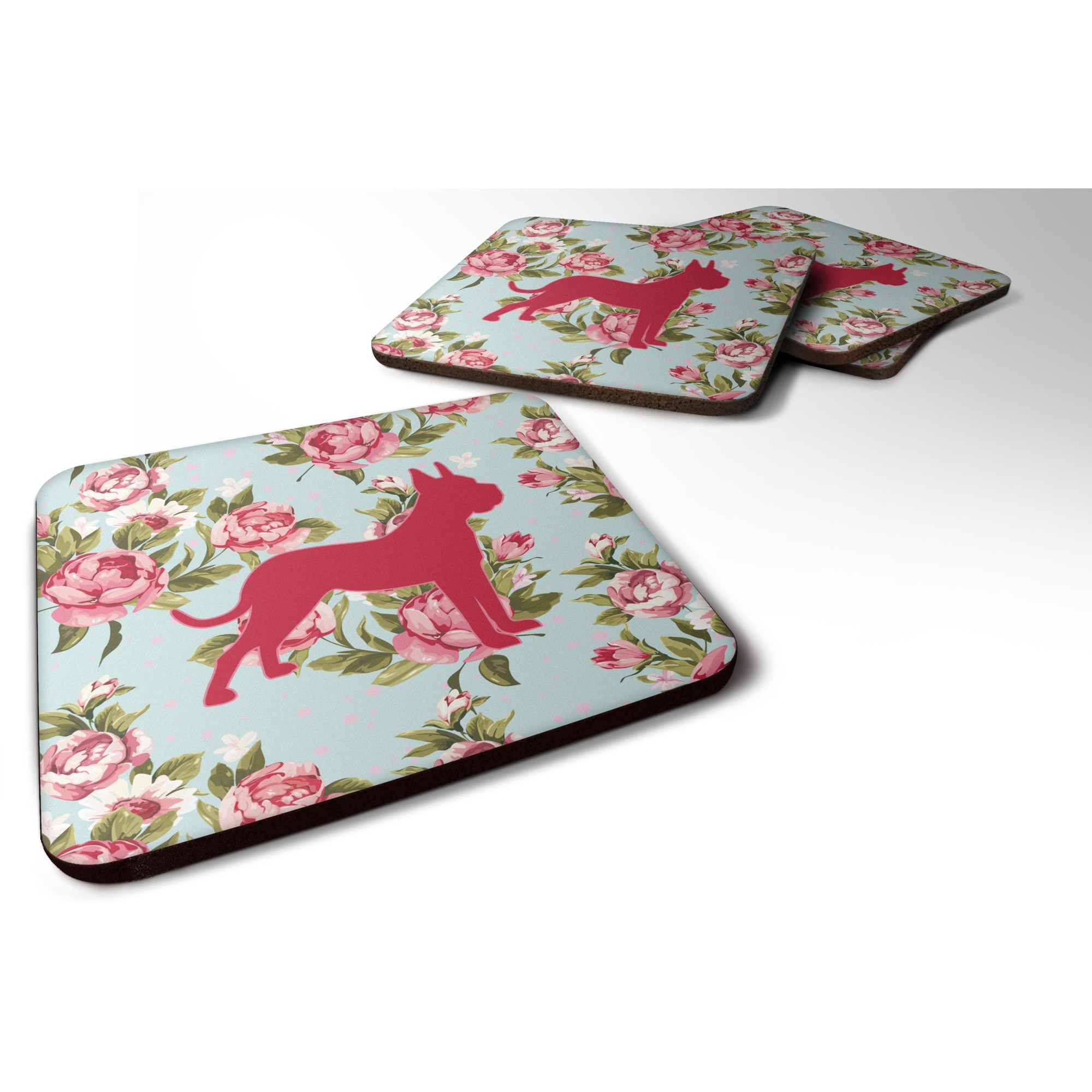 &quotCaroline's Treasures BB1109-RS-BU-FC Boxer Shabby Chic Blue Roses Foam Coasters (Set of 4), 3.5"" H x 3.5"" W, Multicolor"