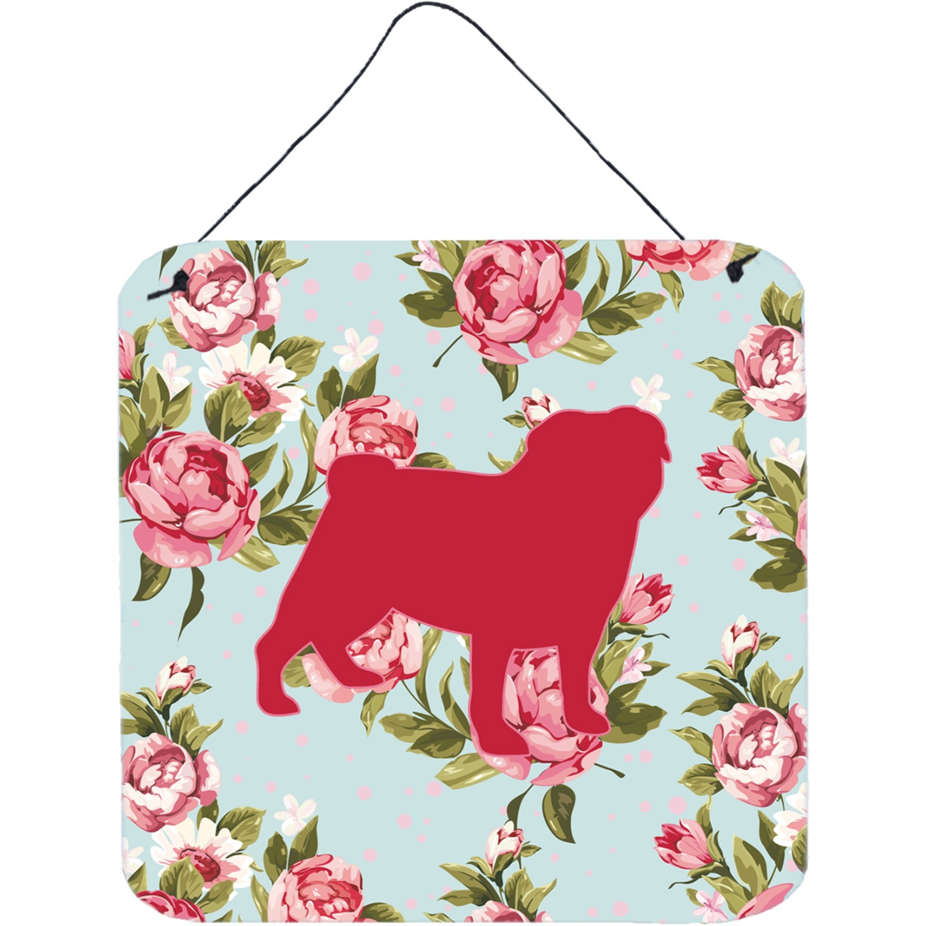 &quotCaroline's Treasures BB1112-RS-BU-DS66 Pug Shabby Chic Blue Roses Aluminum Metal Wall or Door Hanging Prints, 6 x 6"", Multicolor"