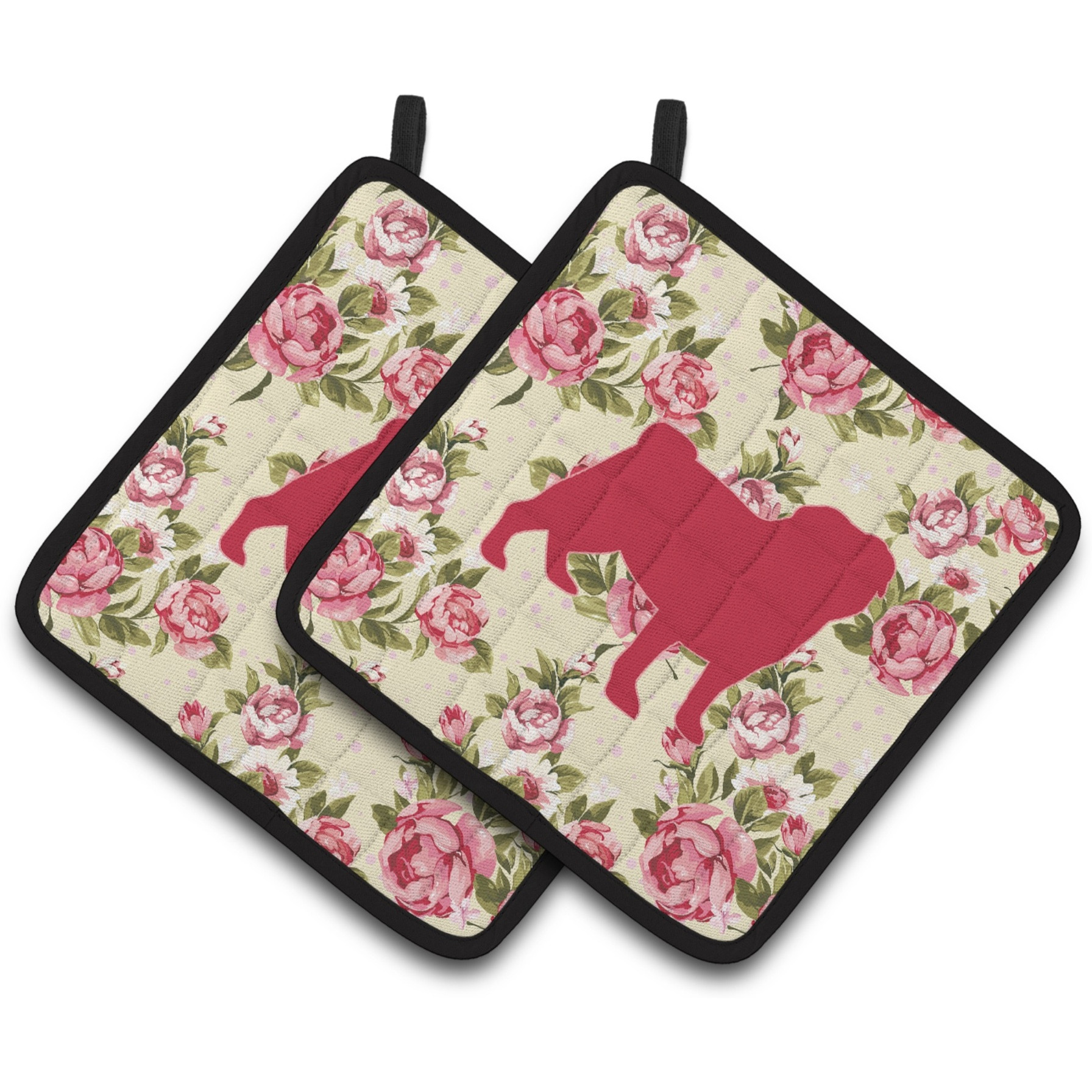 &quotCaroline's Treasures Pug Shabby Chic Yellow Roses Pair of Pot Holders BB1112-RS-YW-PTHD, 7.5HX7.5W, Multicolor"