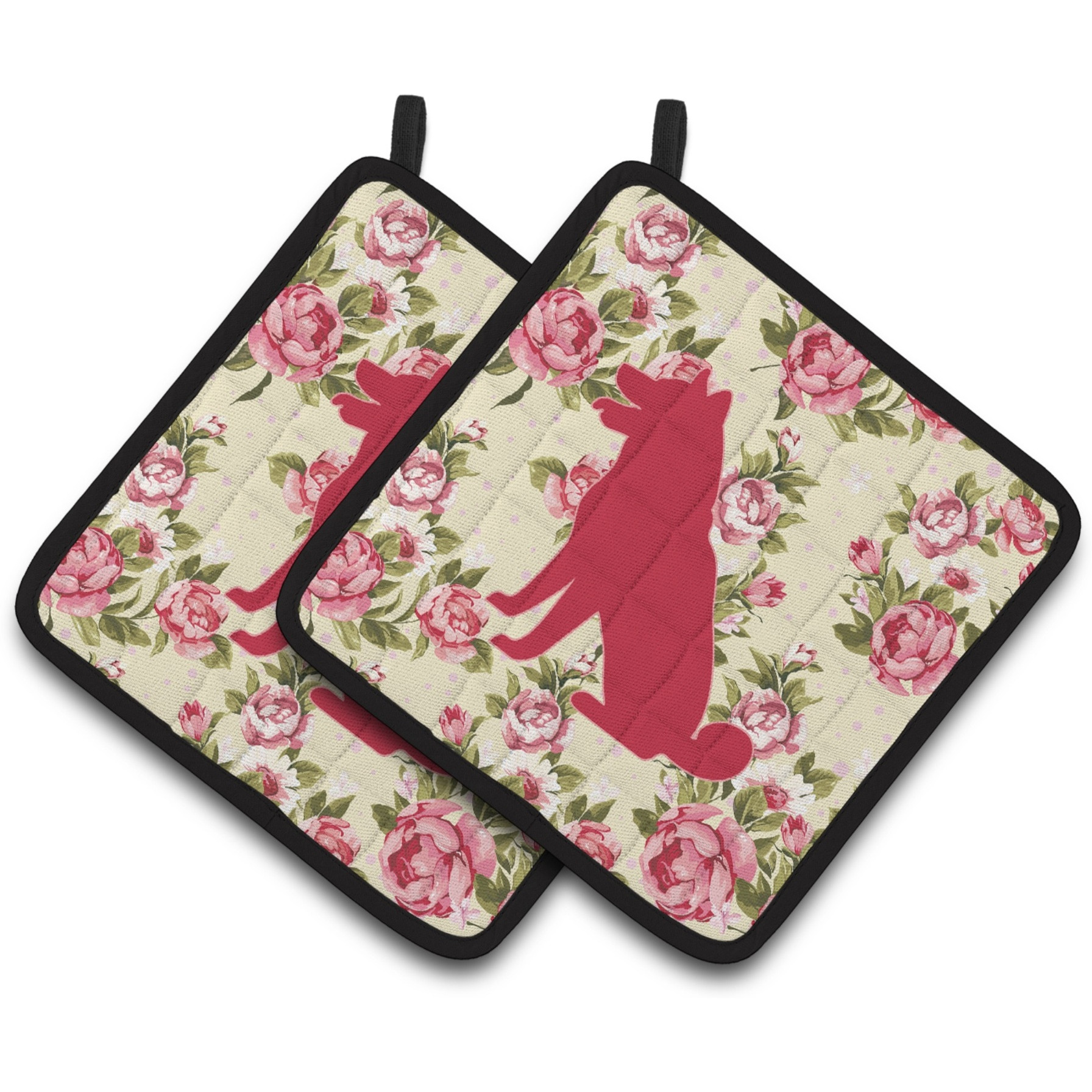 &quotCaroline's Treasures Shiba Inu Shabby Chic Yellow Roses Pair of Pot Holders BB1113-RS-YW-PTHD, 7.5HX7.5W, Multicolor"