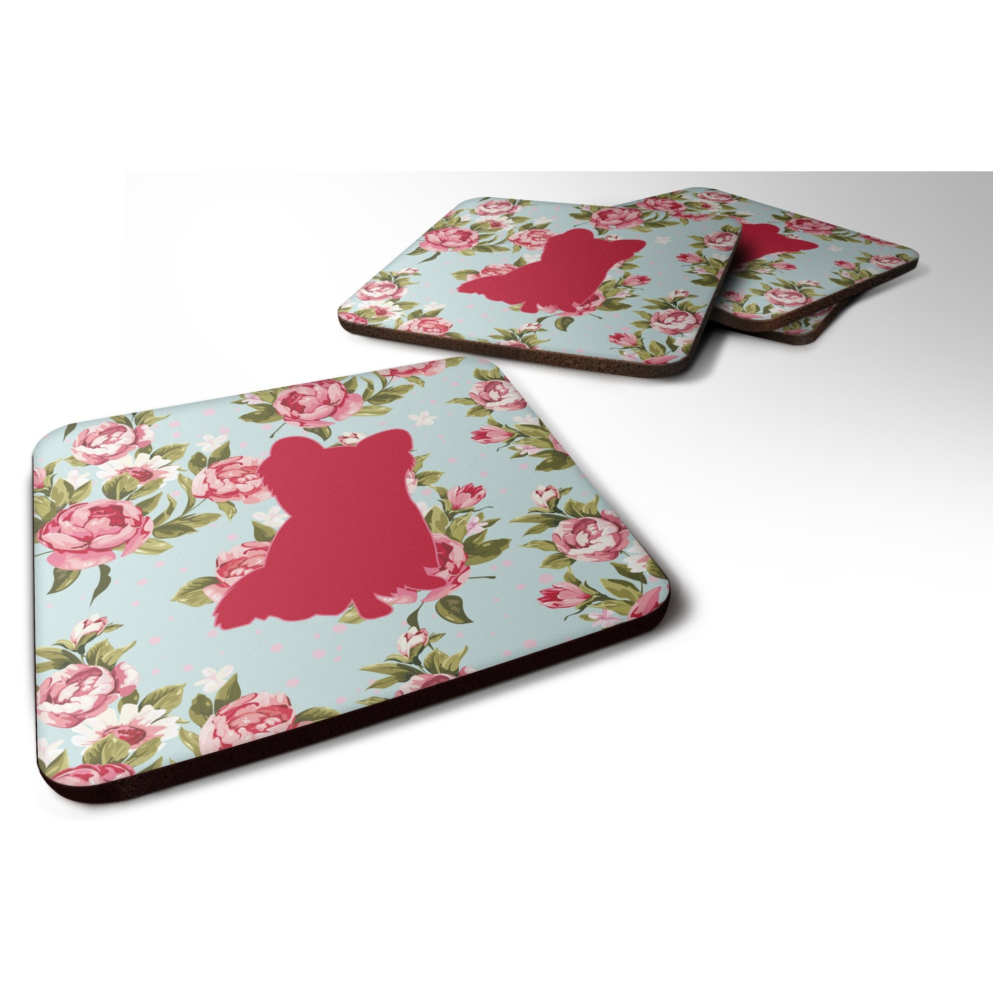 &quotCaroline's Treasures BB1115-RS-BU-FC Chihuahua Shabby Chic Blue Roses Foam Coasters (Set of 4), 3.5"" H x 3.5"" W, Multicolor"