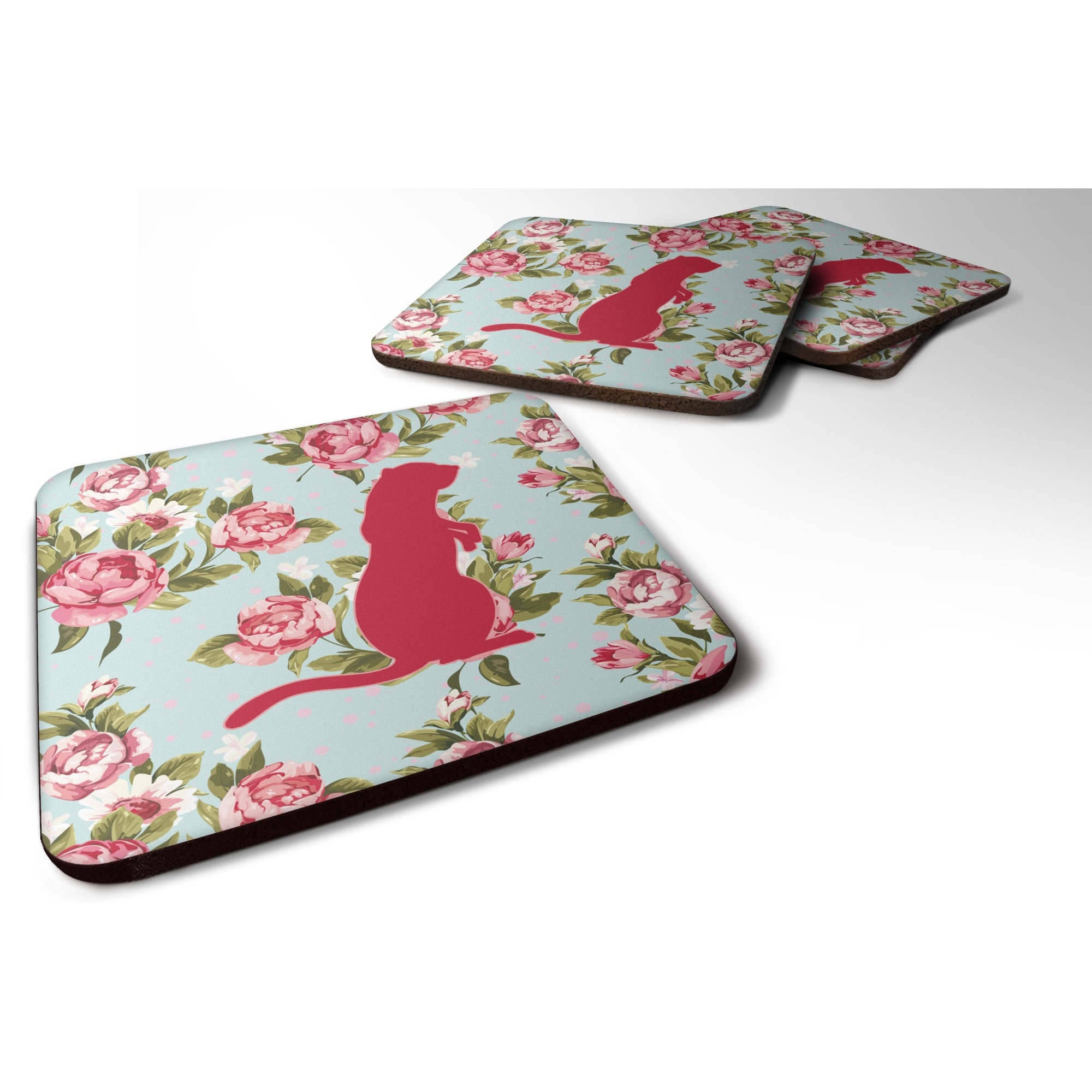&quotCaroline's Treasures BB1118-RS-BU-FC Meerkat Shabby Chic Blue Roses Foam Coasters (Set of 4), 3.5"" H x 3.5"" W, Multicolor"