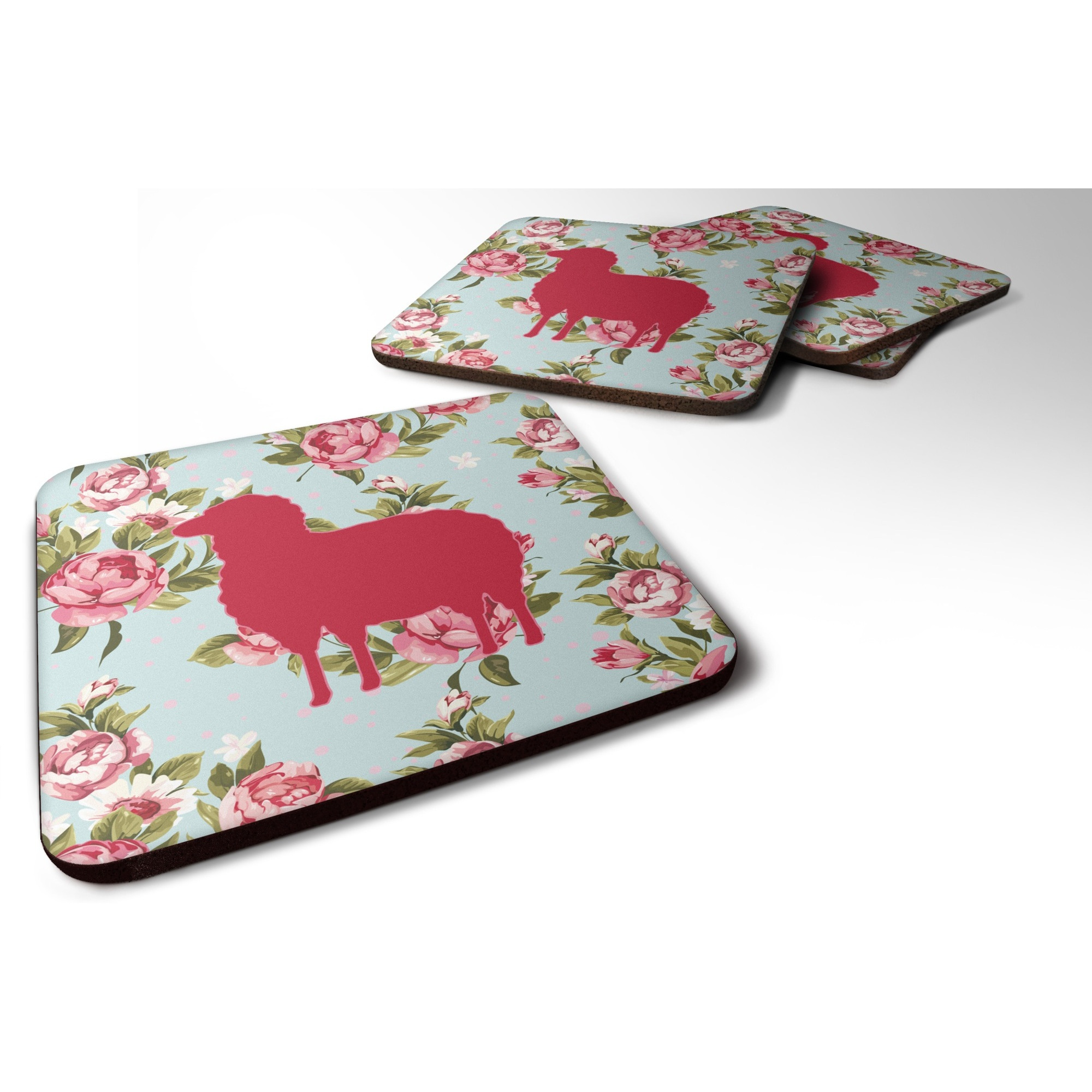 &quotCaroline's Treasures BB1126-RS-BU-FC Sheep Shabby Chic Blue Roses Foam Coasters (Set of 4), 3.5"" H x 3.5"" W, Multicolor"