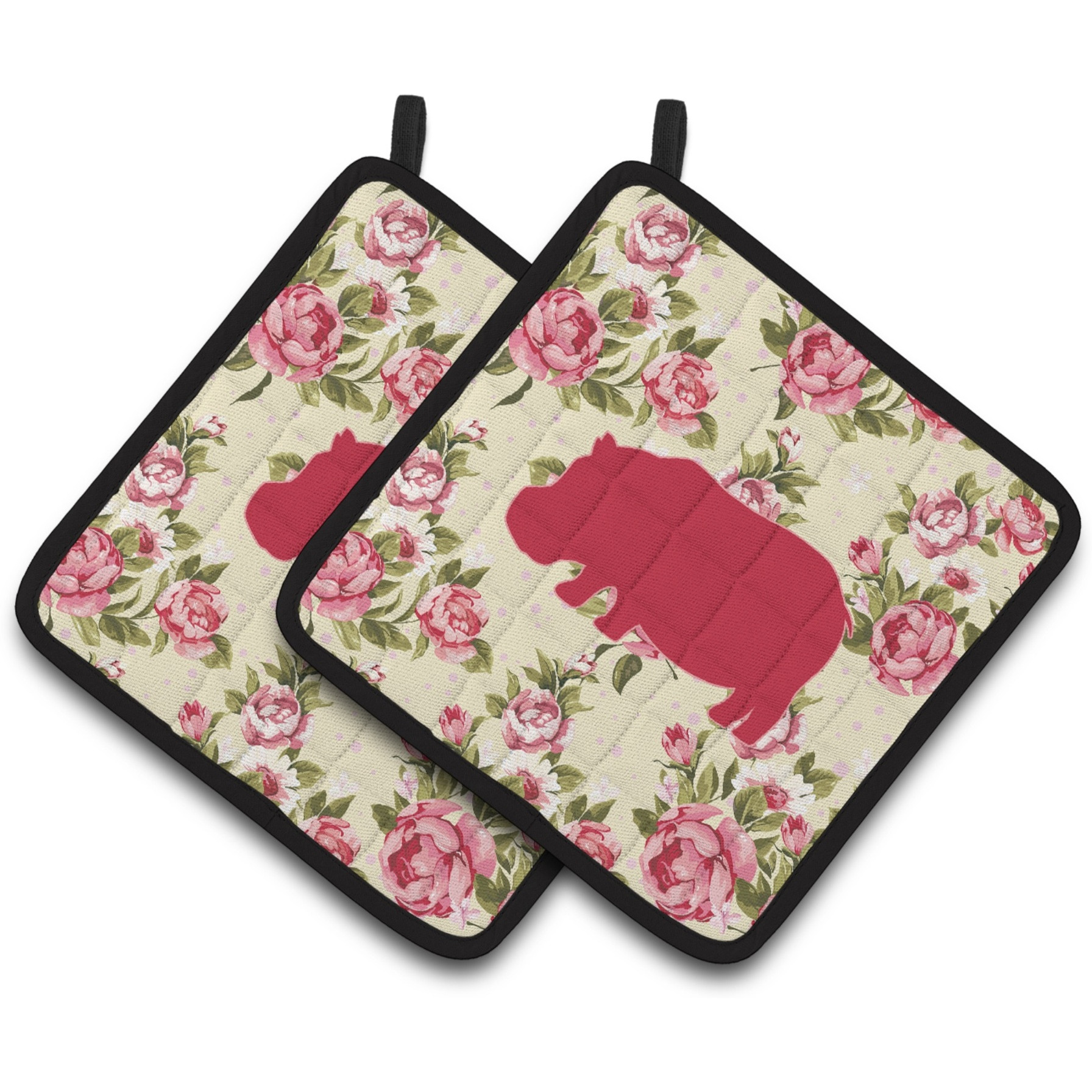 &quotCaroline's Treasures Hippopotamus Shabby Chic Yellow Roses Pair of Pot Holders BB1130-RS-YW-PTHD, 7.5HX7.5W, Multicolor"