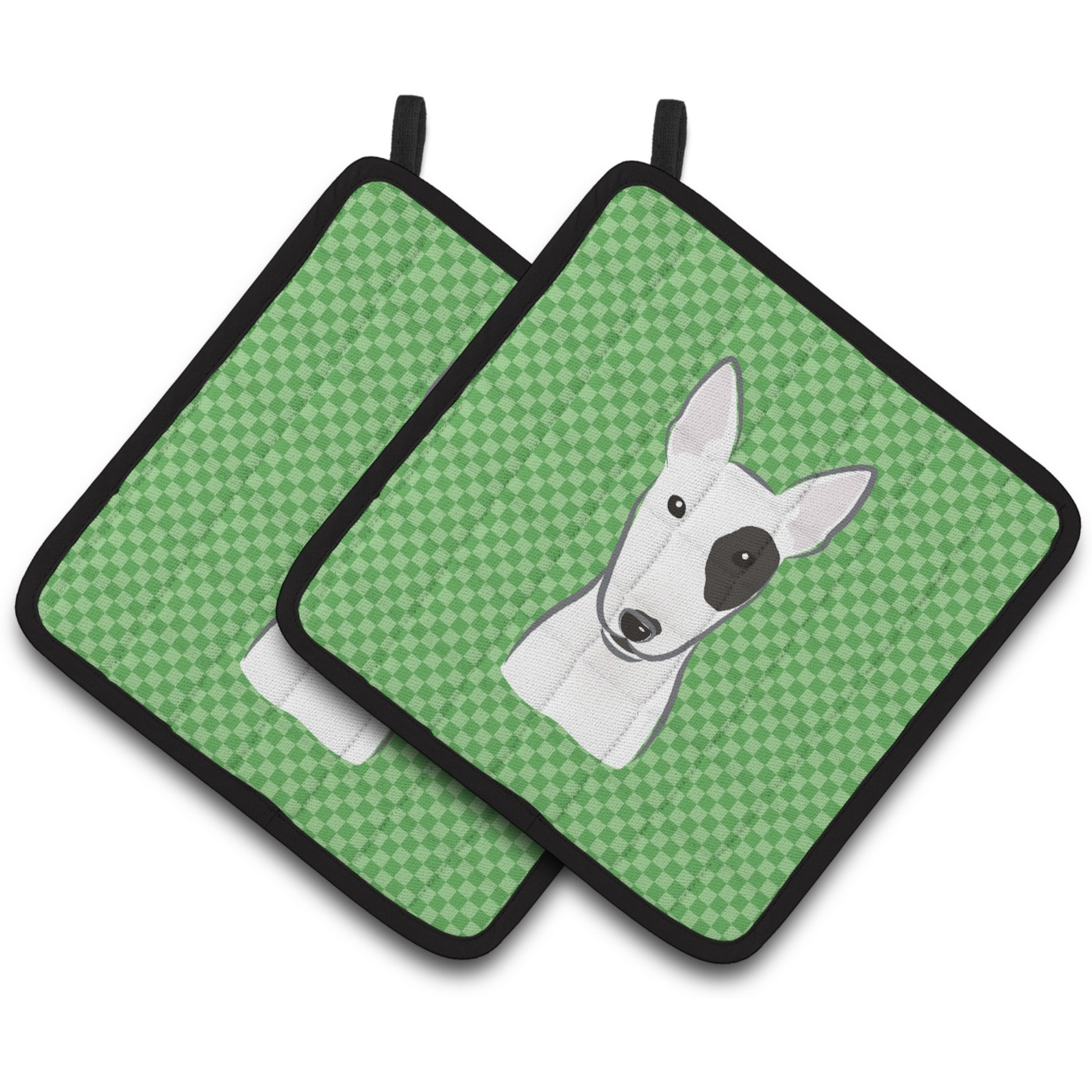 &quotCaroline's Treasures green Checkered Bull Terrier Pair of Pot Holders BB1132PTHD, 7.5HX7.5W, Multicolor"