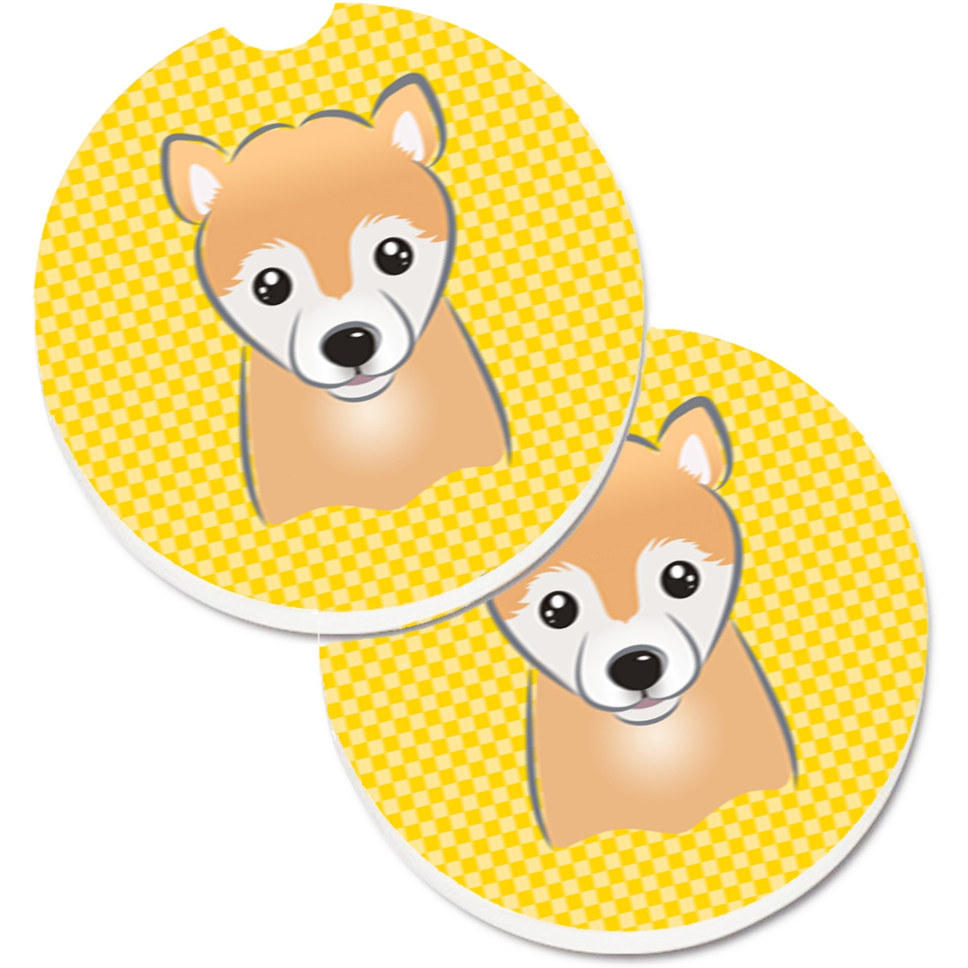 &quotCaroline's Treasures Yellow Checkered Shiba Inu Set of 2 Cup Holder Car Coasters BB1133CARC, 2.56, Multicolor"