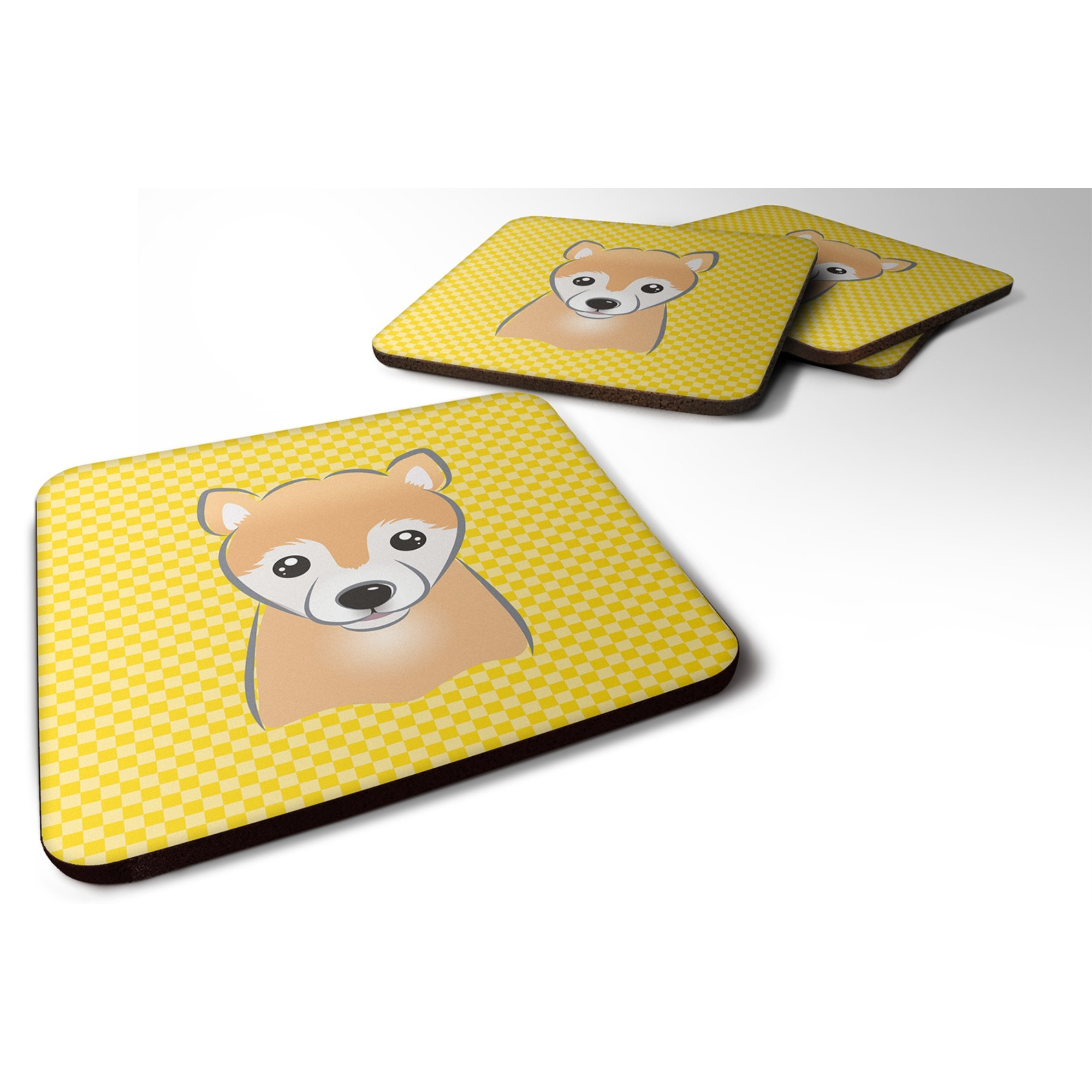 &quotCaroline's Treasures BB1133FC Yellow Checkered Shiba Inu Foam Coaster (Set of 4), 3.5"" H x 3.5"" W, Multicolor"