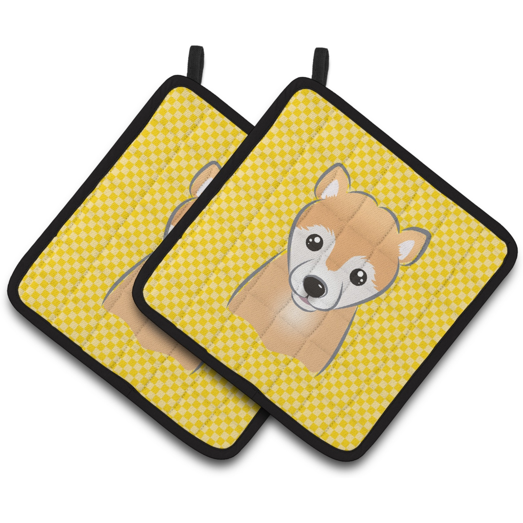 &quotCaroline's Treasures Yellow Checkered Shiba Inu Pair of Pot Holders BB1133PTHD, 7.5HX7.5W, Multicolor"