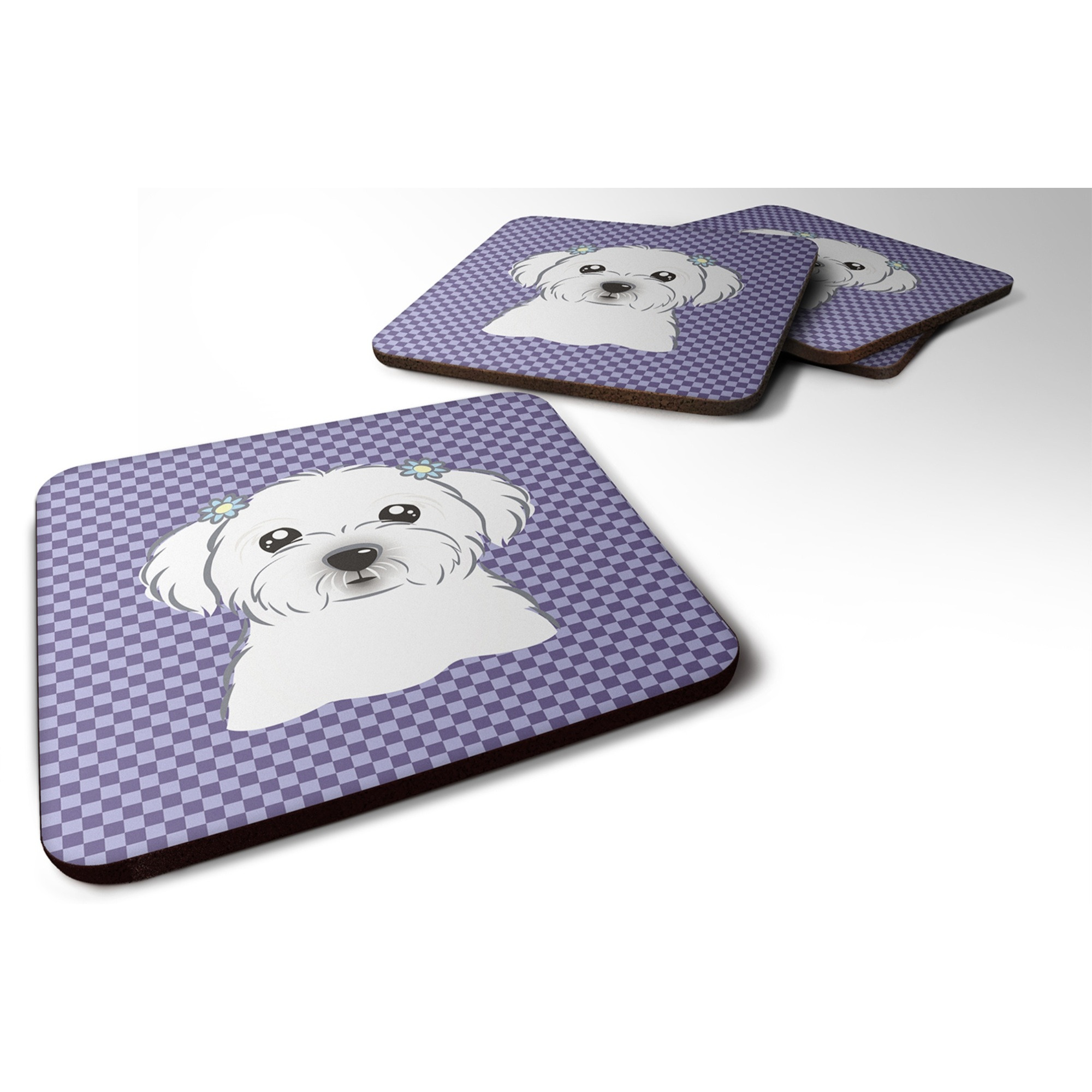 &quotCaroline's Treasures BB1134FC Purple Checkered Maltese Foam Coaster (Set of 4), 3.5"" H x 3.5"" W, Multicolor"