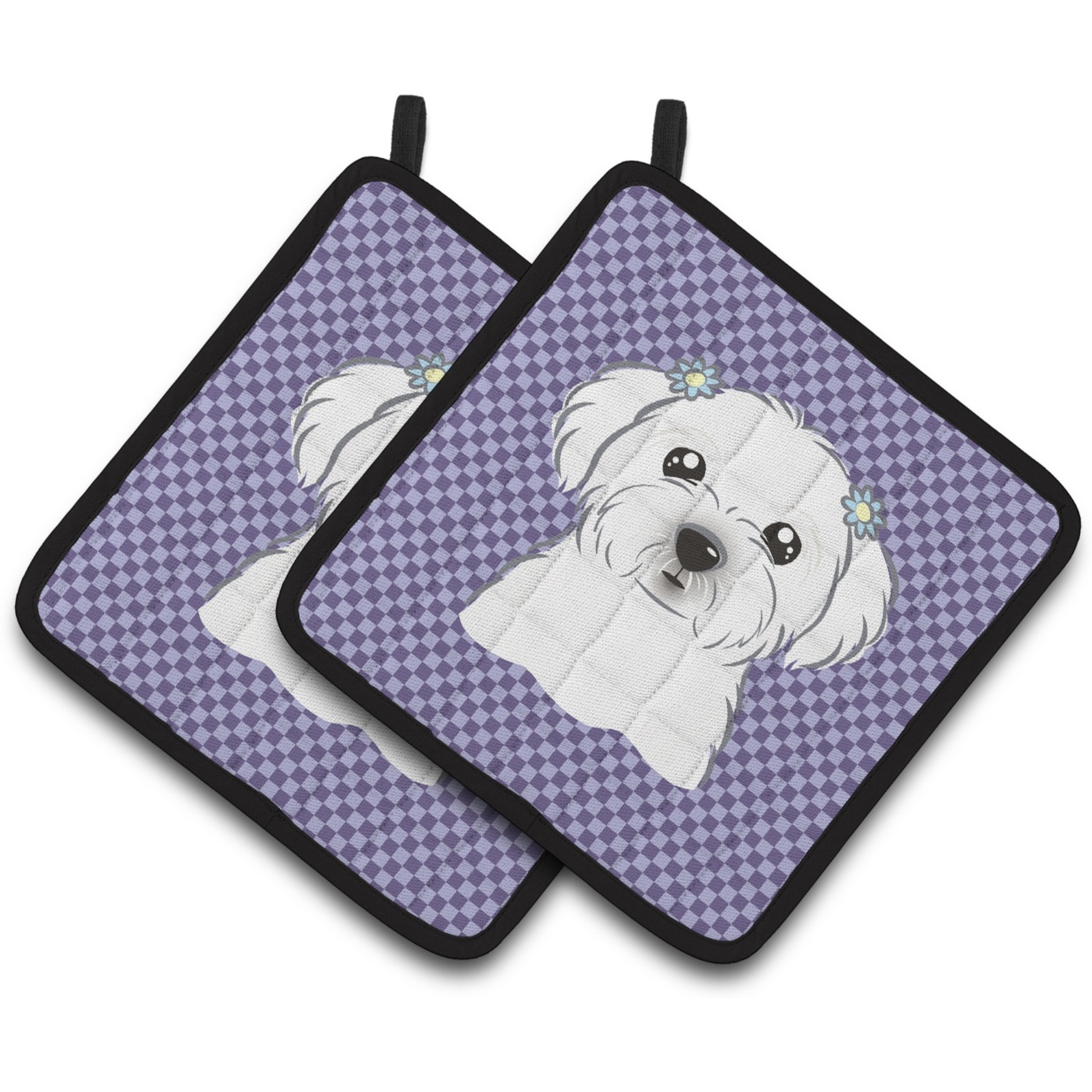 &quotCaroline's Treasures Purple Checkered Maltese Pair of Pot Holders BB1134PTHD, 7.5HX7.5W, Multicolor"