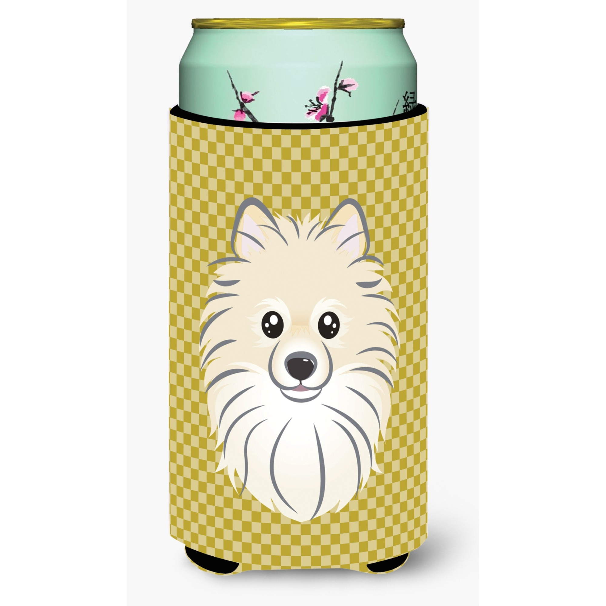 Tan Checkered Pomeranian Tall Boy Beverage Insulator Hugger BB1135TBC