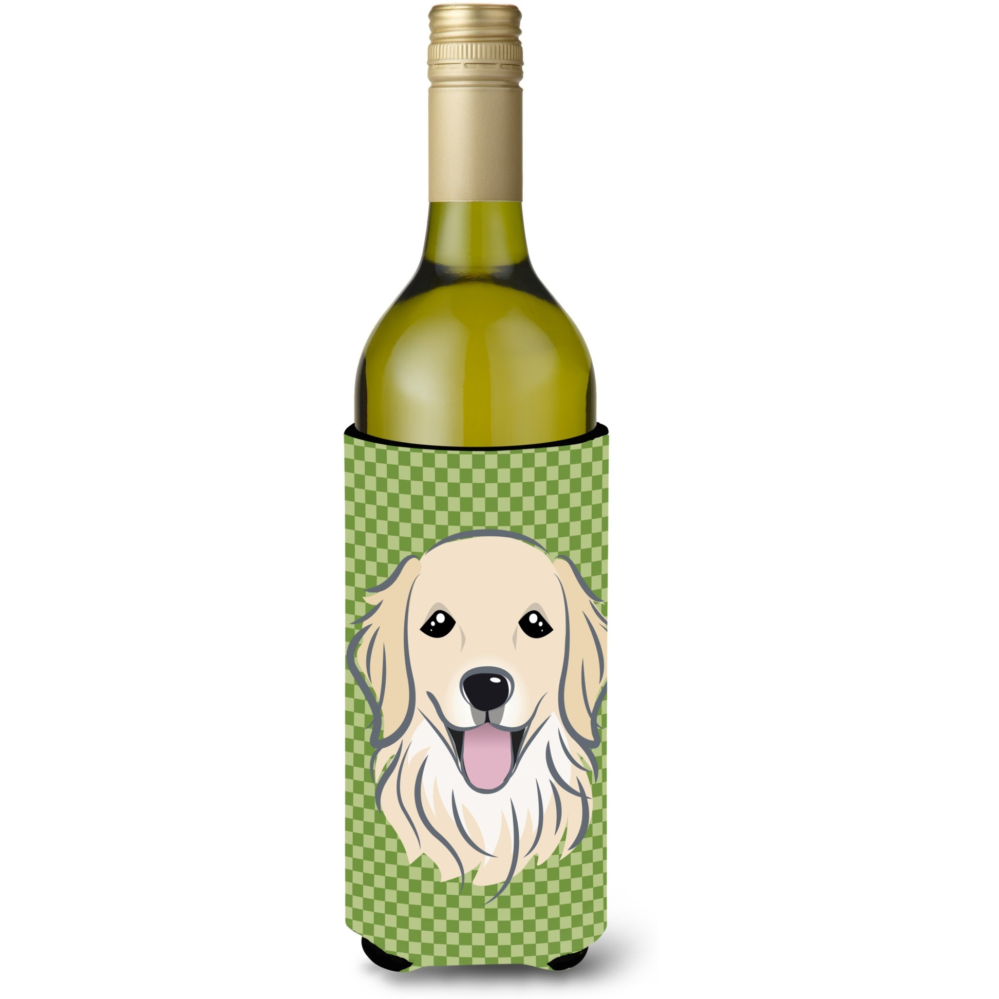 Green Checkered Golden Retriever Wine Bottle Beverage Insulator Hugger BB1137LITERK