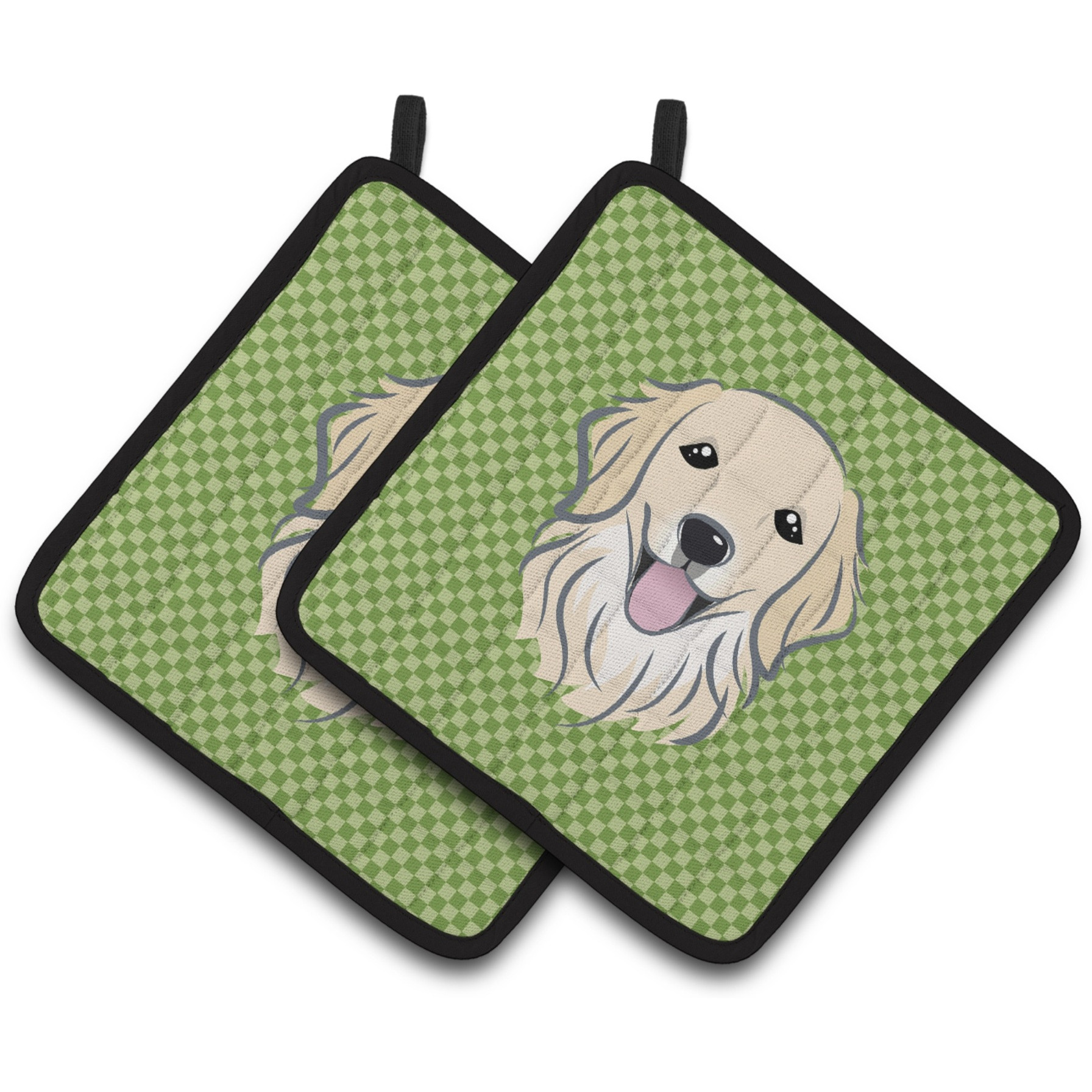 &quotCaroline's Treasures green Checkered Golden Retriever Pair of Pot Holders BB1137PTHD, 7.5HX7.5W, Multicolor"