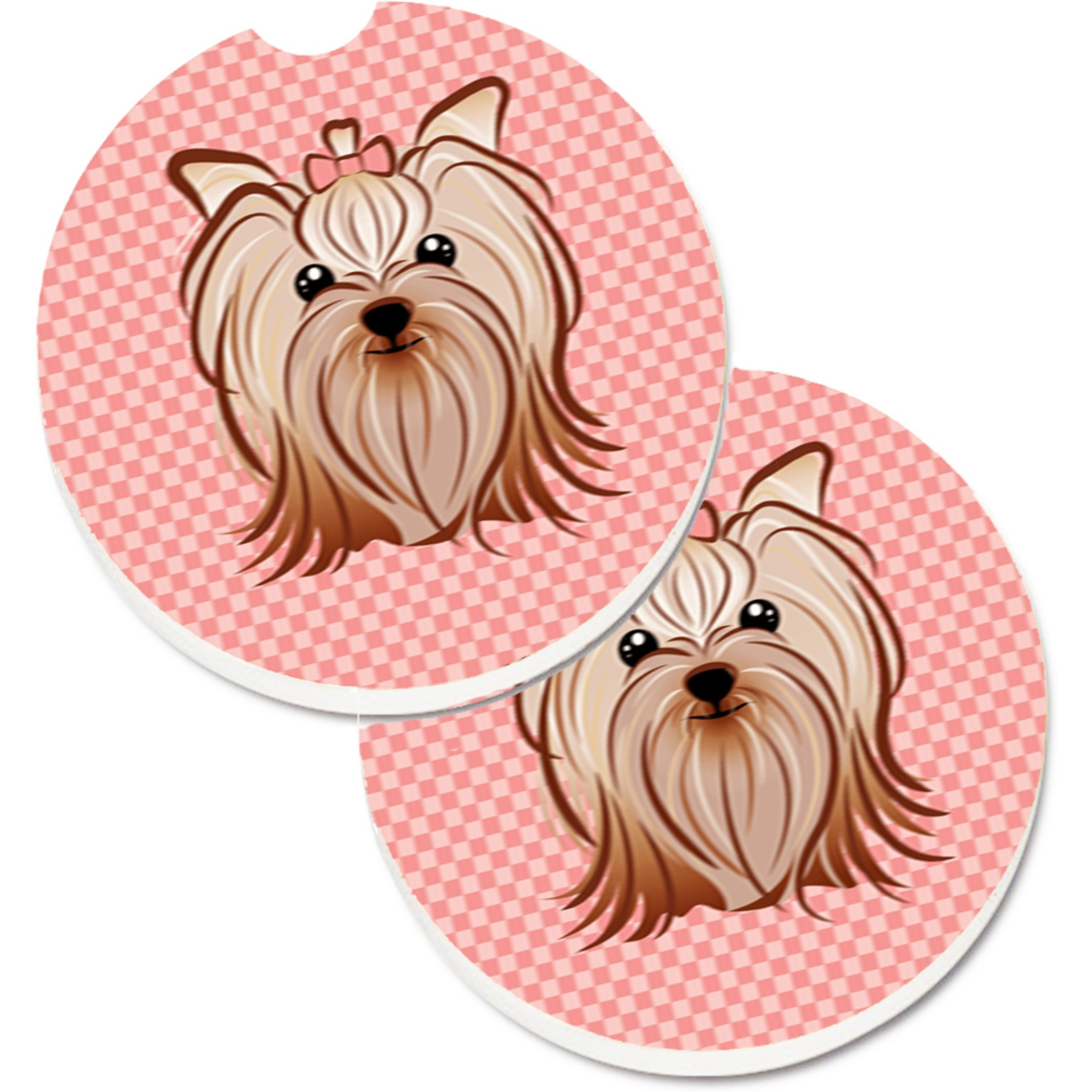 &quotCaroline's Treasures Pink Checkered Yorkie / Yorkshire Terrier Set of 2 Cup Holder Car Coasters BB1138CARC, 2.56, Multicolor"