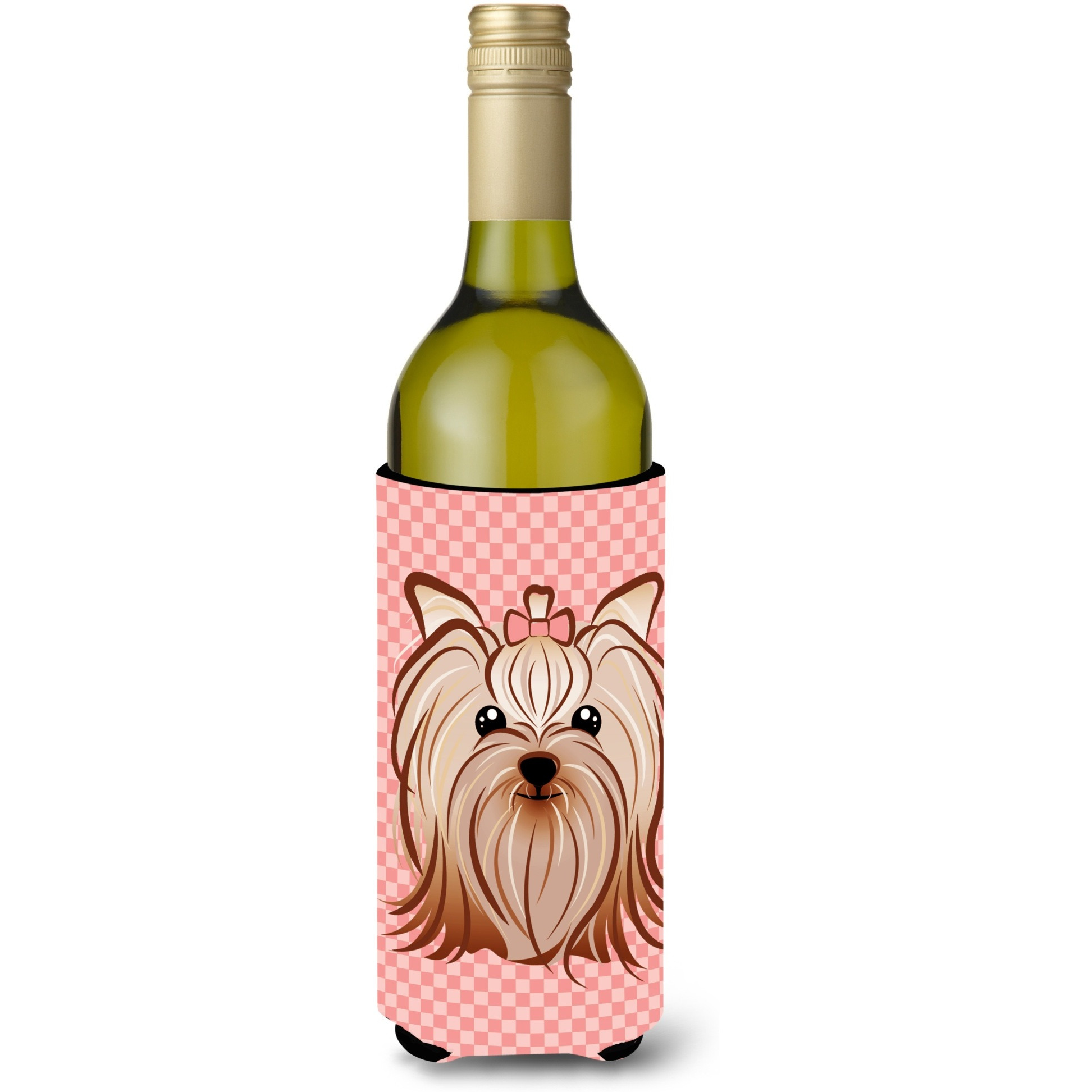 Pink Checkered Yorkie / Yorkshire Terrier Wine Bottle Beverage Insulator Hugger BB1138LITERK