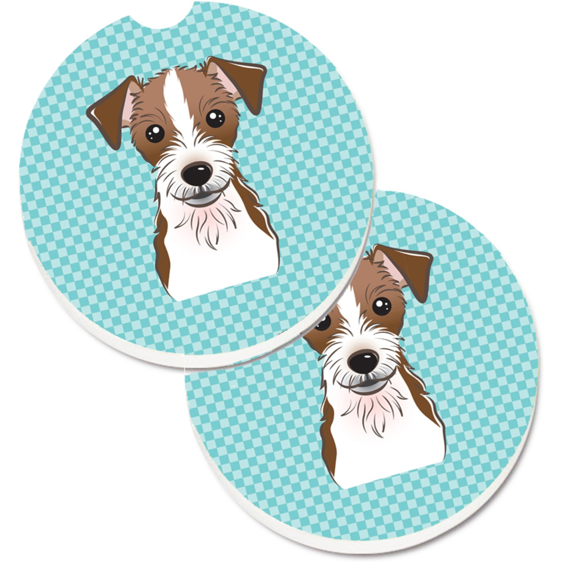 &quotCaroline's Treasures Checkerboard Blue Jack Russell Terrier Set of 2 Cup Holder Car Coasters BB1140CARC, 2.56, Multicolor"