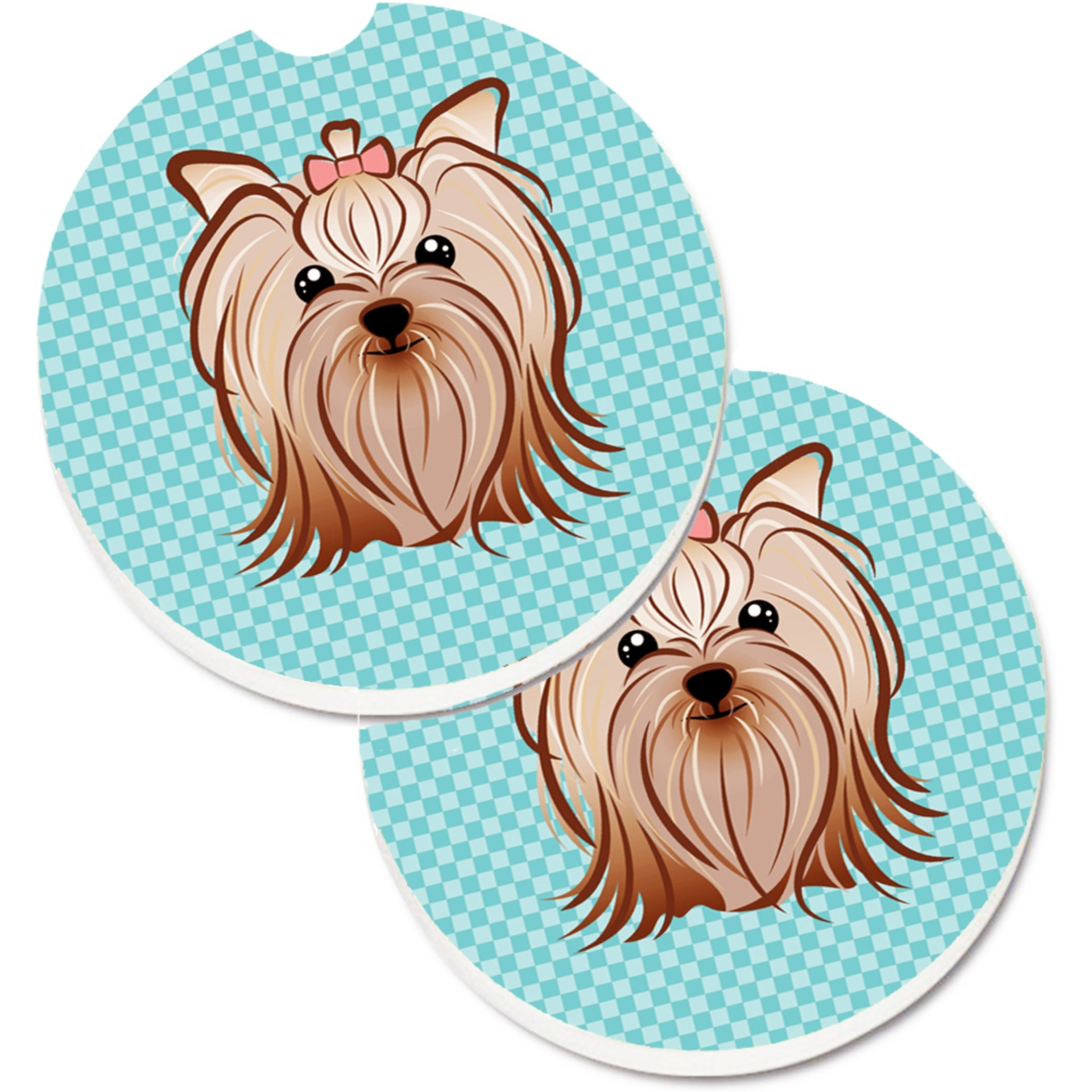 &quotCaroline's Treasures Checkerboard Blue Yorkie Yorkishire Terrier Set of 2 Cup Holder Car Coasters BB1142CARC, 2.56, Multicolor"