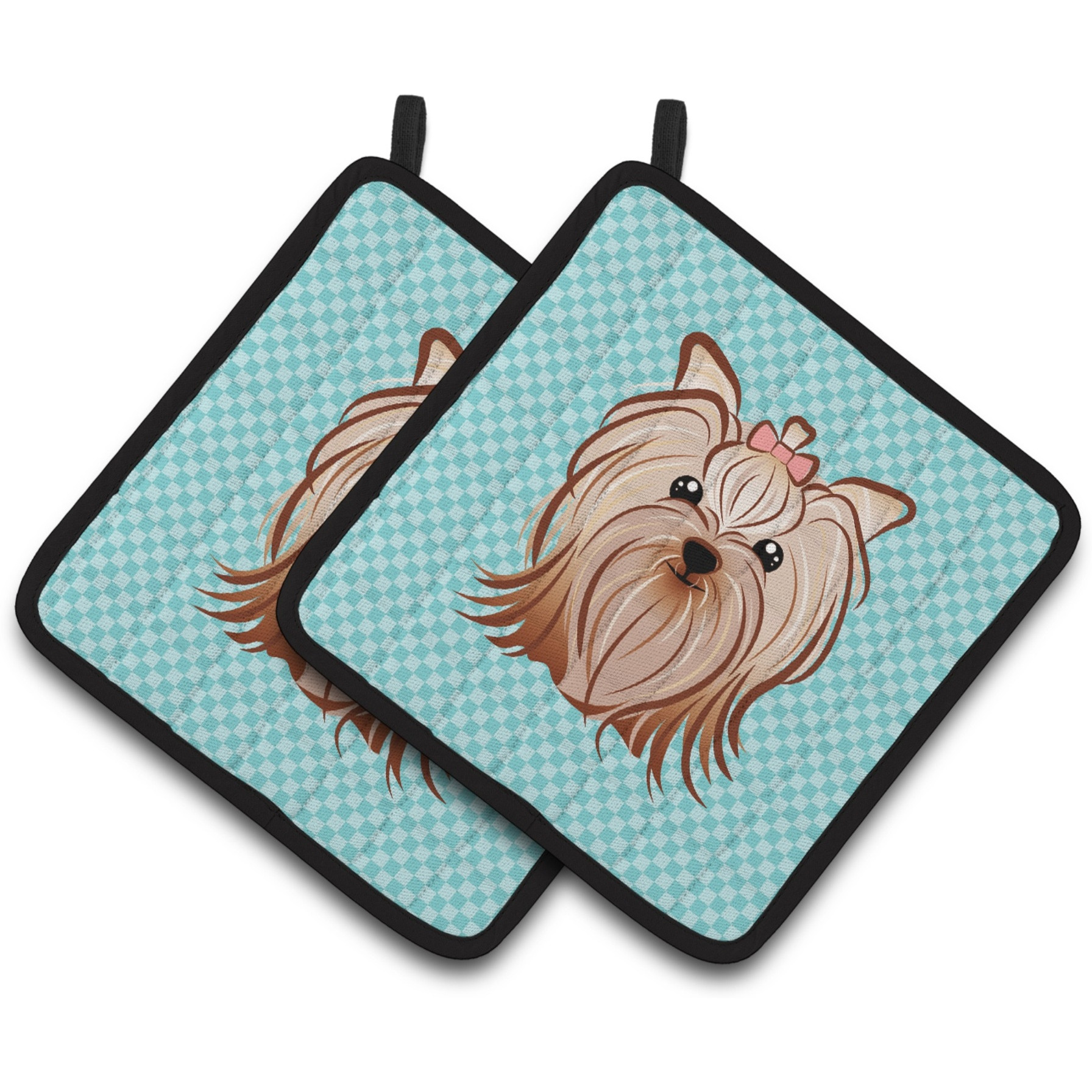 &quotCaroline's Treasures Checkerboard Blue Yorkie Yorkishire Terrier Pair of Pot Holders BB1142PTHD, 7.5HX7.5W, Multicolor"