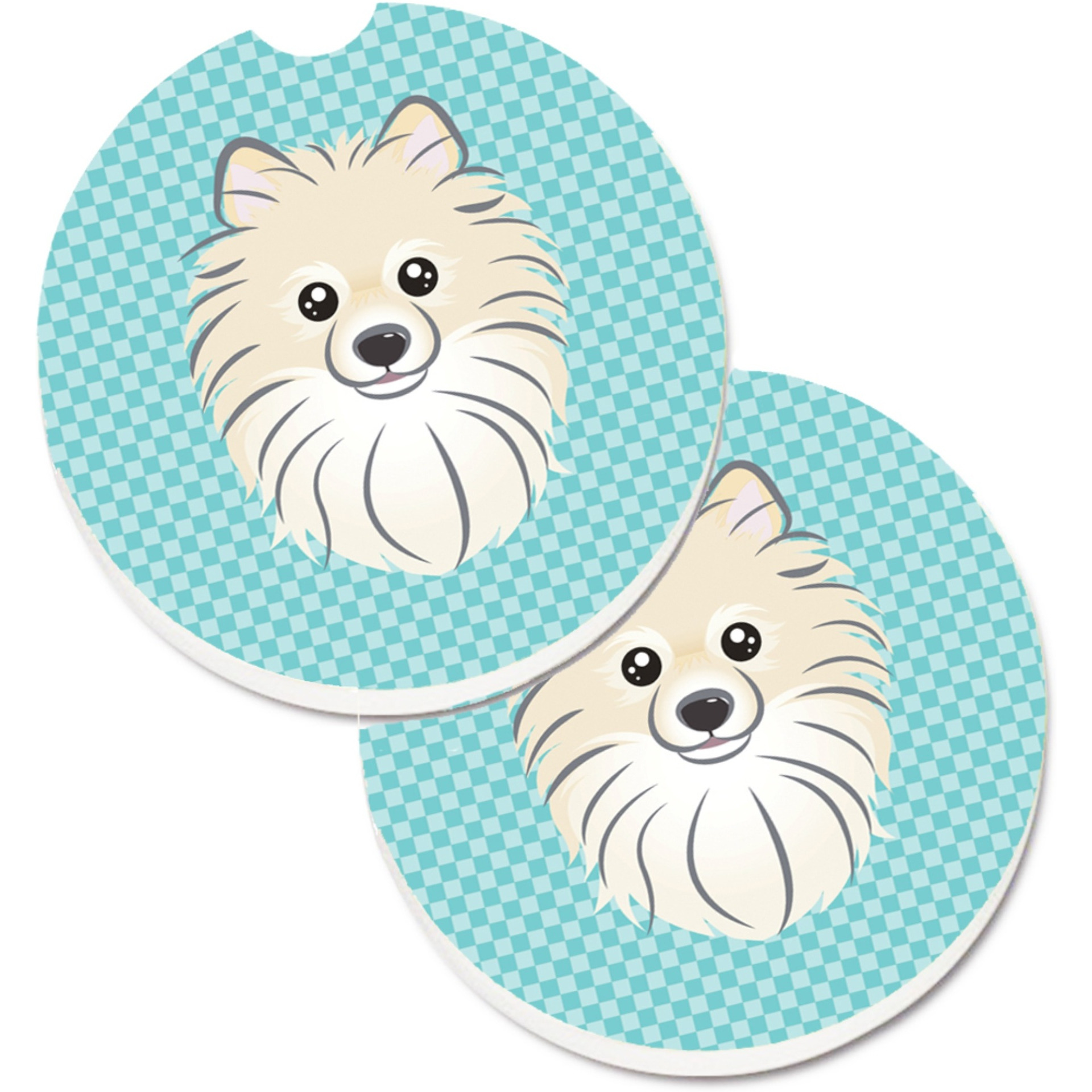 &quotCaroline's Treasures Checkerboard Blue Pomeranian Set of 2 Cup Holder Car Coasters BB1145CARC, 2.56, Multicolor"