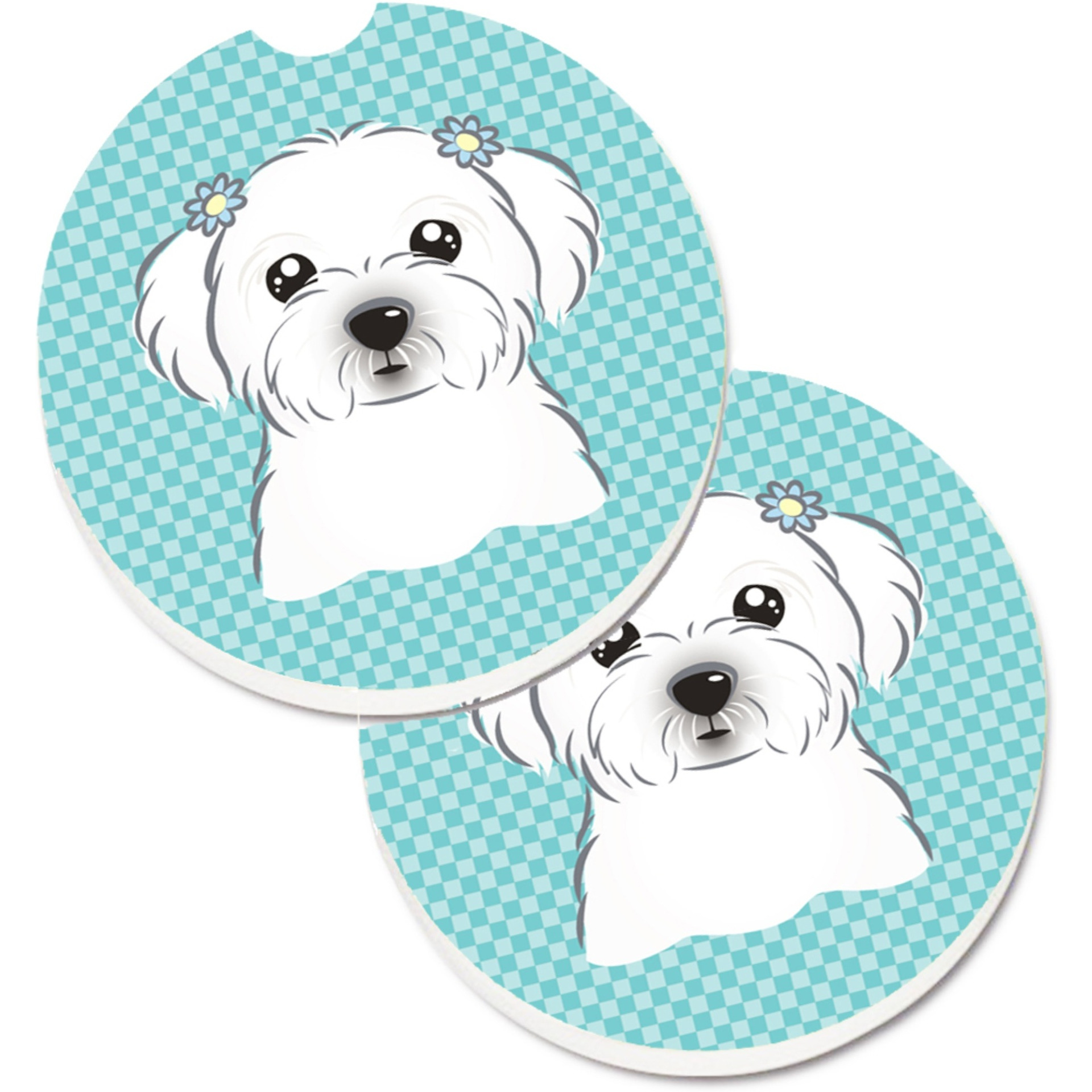 &quotCaroline's Treasures Checkerboard Blue Maltese Set of 2 Cup Holder Car Coasters BB1146CARC, 2.56, Multicolor"