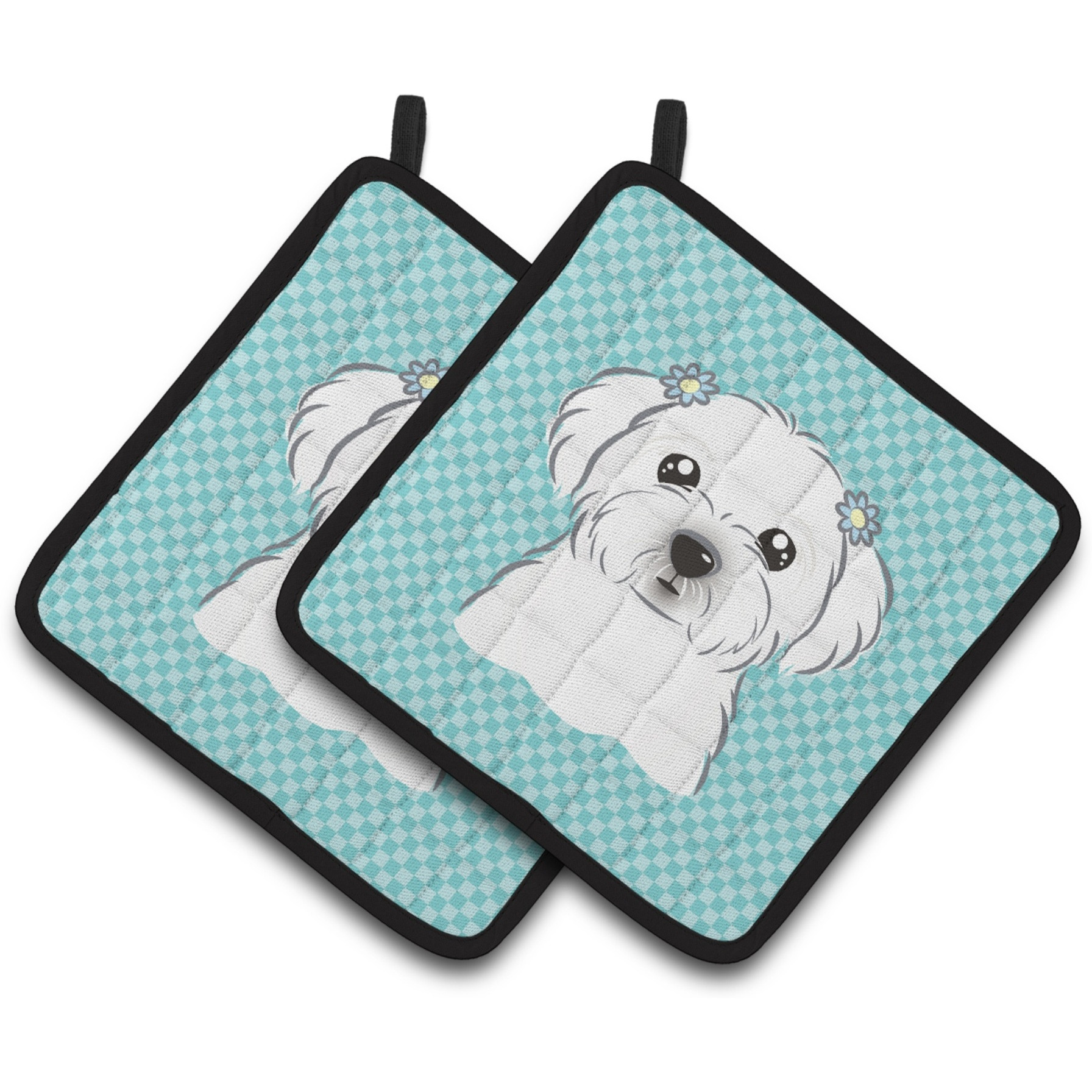 &quotCaroline's Treasures Checkerboard Blue Maltese Pair of Pot Holders BB1146PTHD, 7.5HX7.5W, Multicolor"