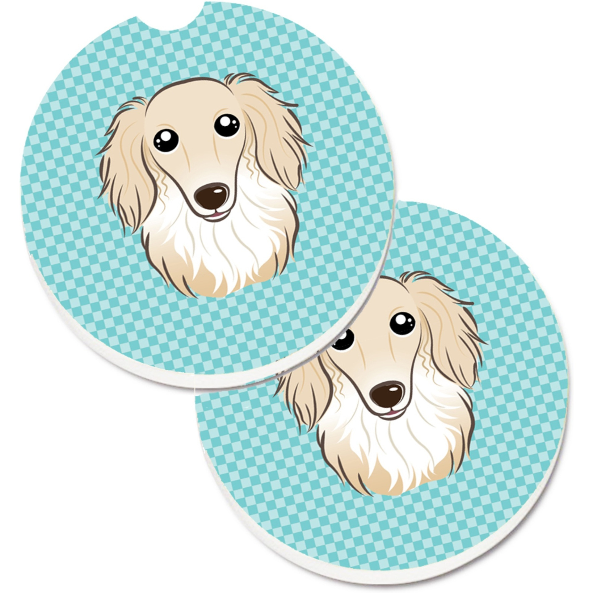 &quotCaroline's Treasures Checkerboard Blue Longhair Creme Dachshund Set of 2 Cup Holder Car Coasters BB1150CARC, 2.56, Multicolor"