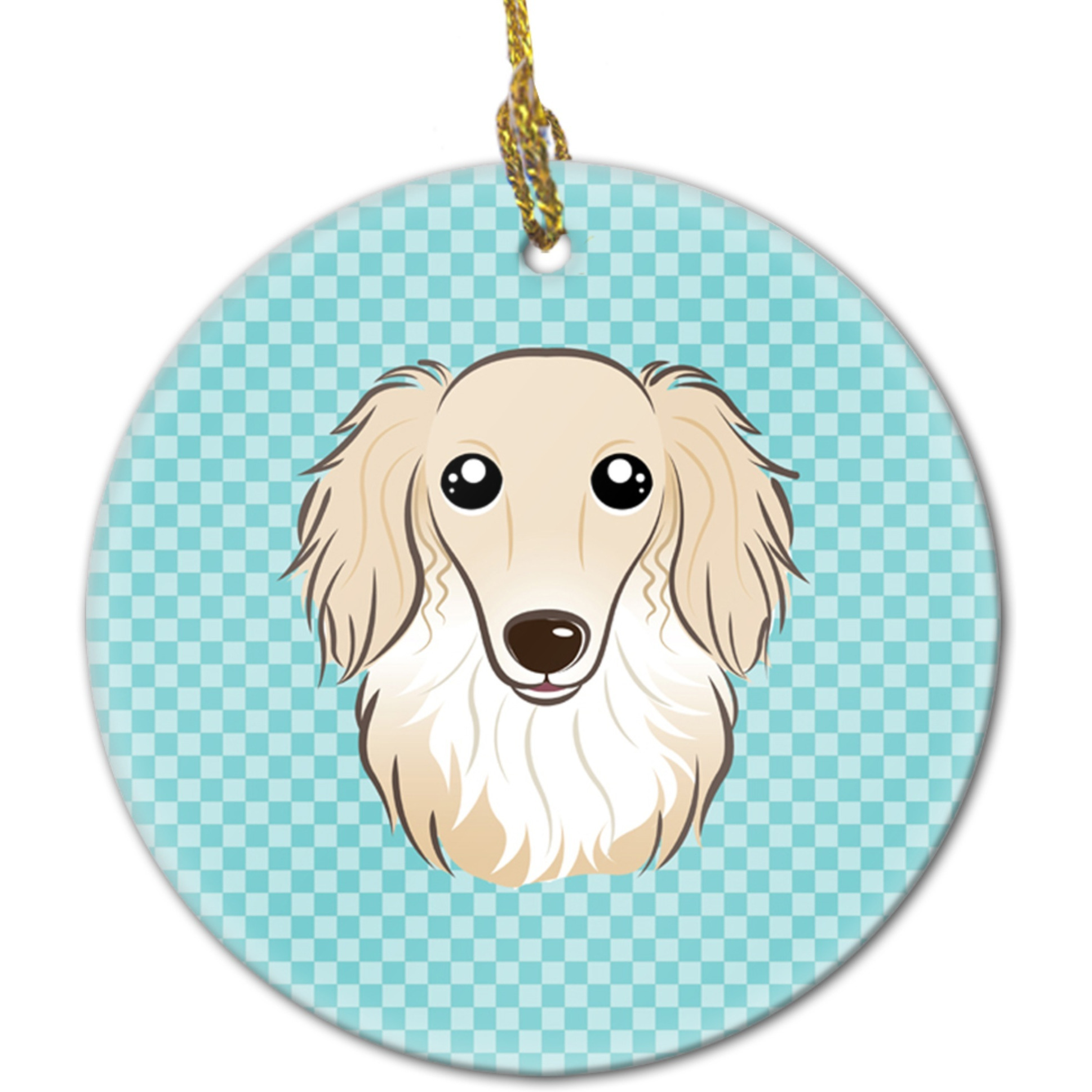 Checkerboard Blue Longhair Creme Dachshund Ceramic Ornament BB1150CO1