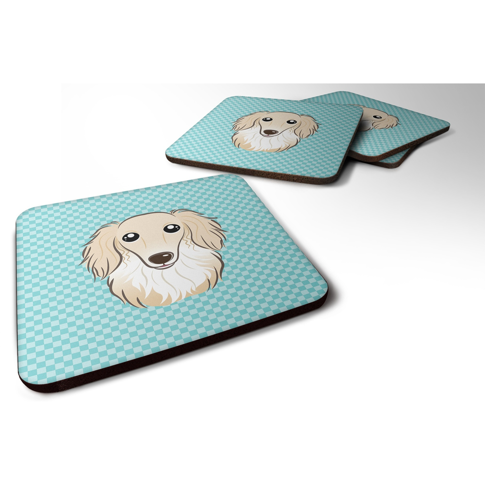 &quotCaroline's Treasures BB1150FC Checkerboard Blue Longhair Creme Dachshund Foam Coaster (Set of 4), 3.5"" H x 3.5"" W, Multicolor"