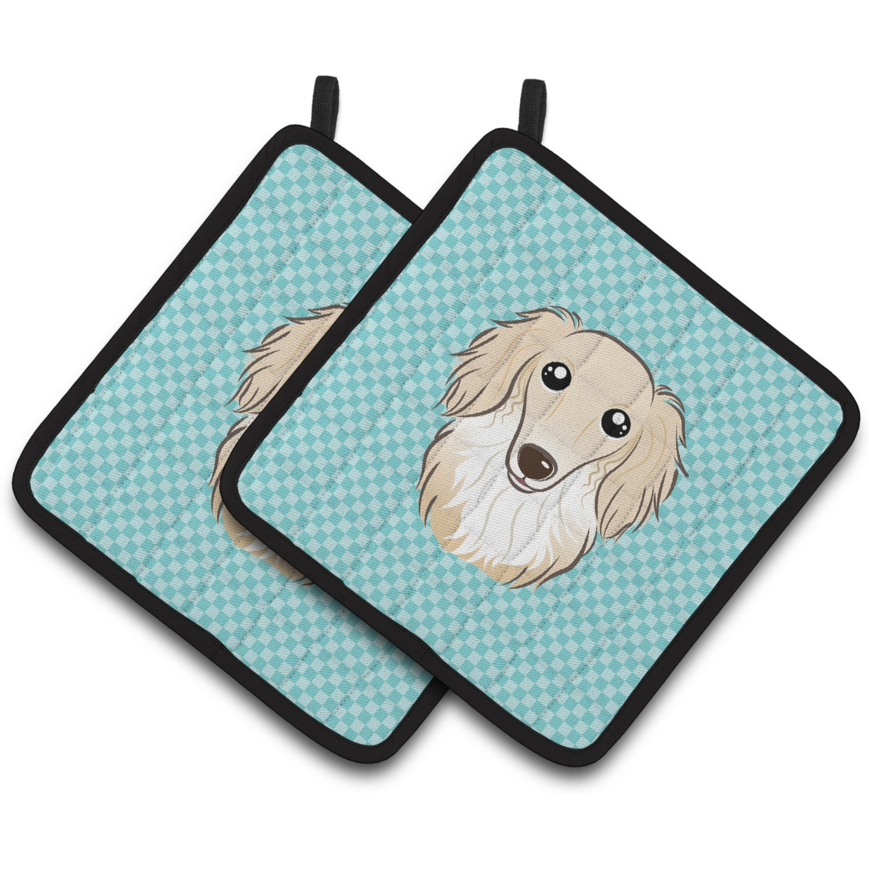 &quotCaroline's Treasures Checkerboard Blue Longhair Creme Dachshund Pair of Pot Holders BB1150PTHD, 7.5HX7.5W, Multicolor"