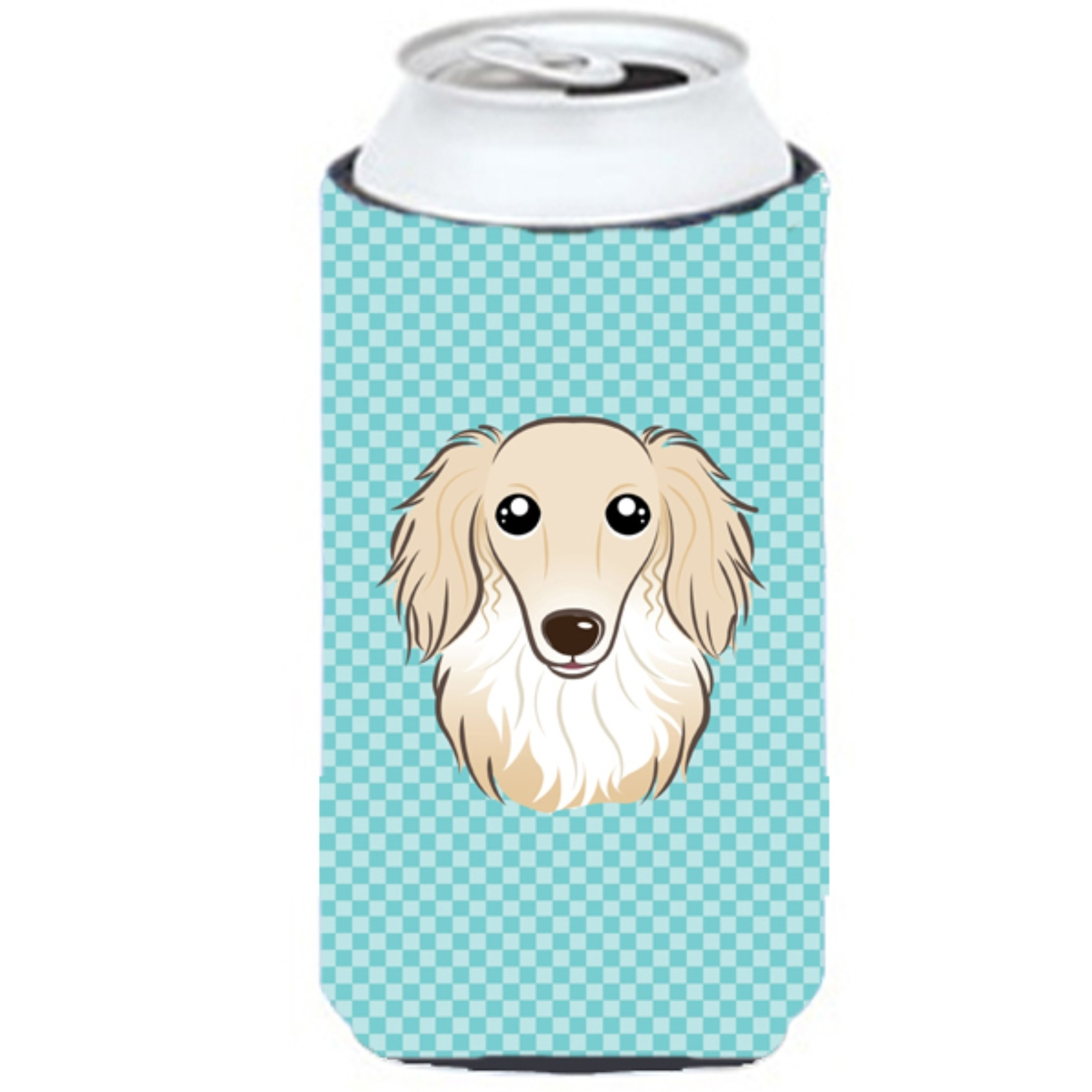 Checkerboard Blue Longhair Creme Dachshund Tall Boy Beverage Insulator Hugger BB1150TBC