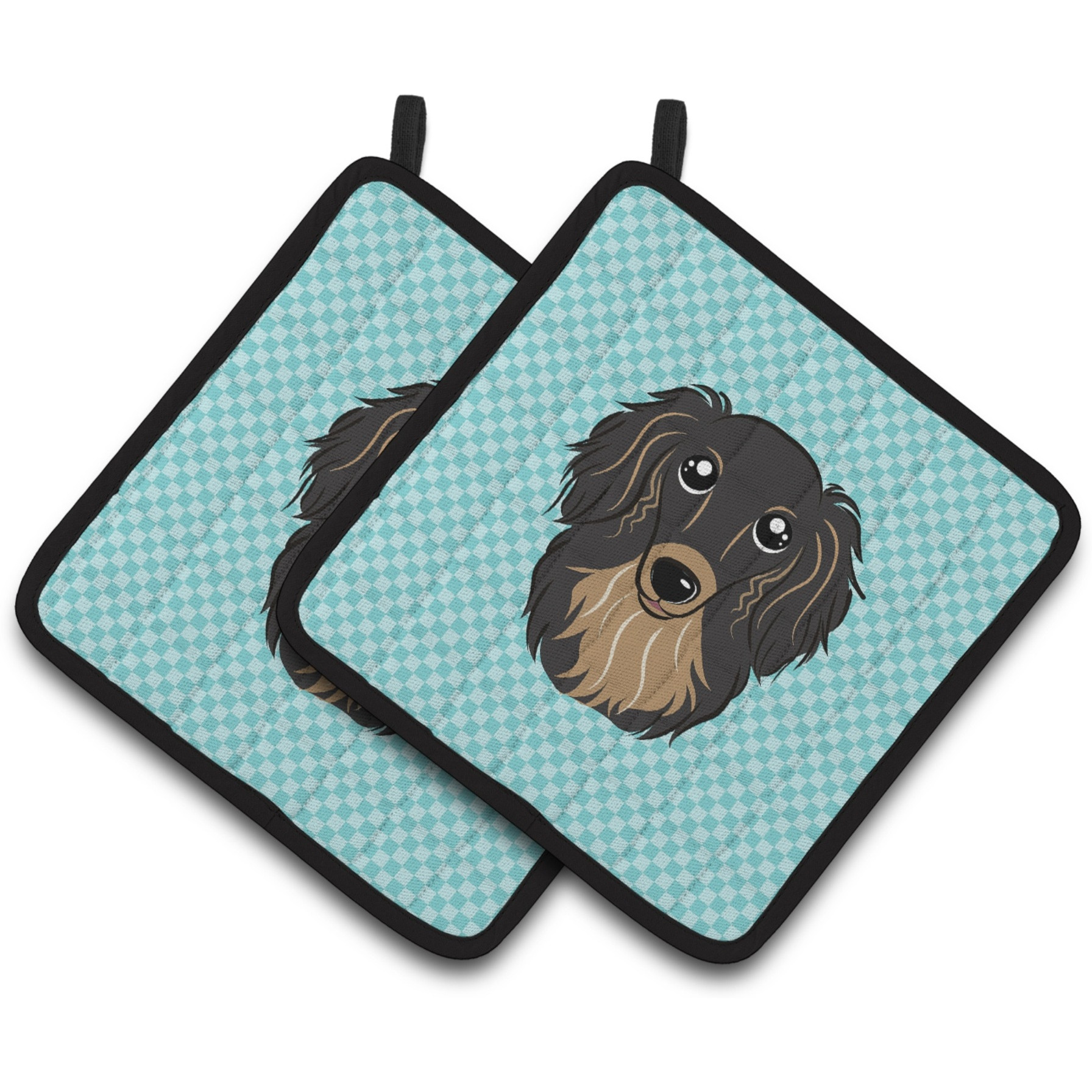 &quotCaroline's Treasures Checkerboard Blue Longhair black & Tan Dachshund Pair of Pot Holders BB1151PTHD, 7.5HX7.5W, Multicolor"